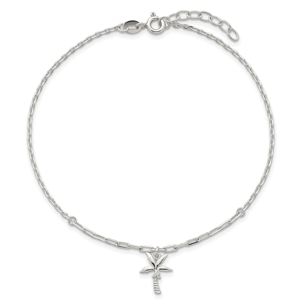 Sterling Silver CZ Palm Tree 9 inch Plus 1 inch Extender - Total 10 inch Anklet