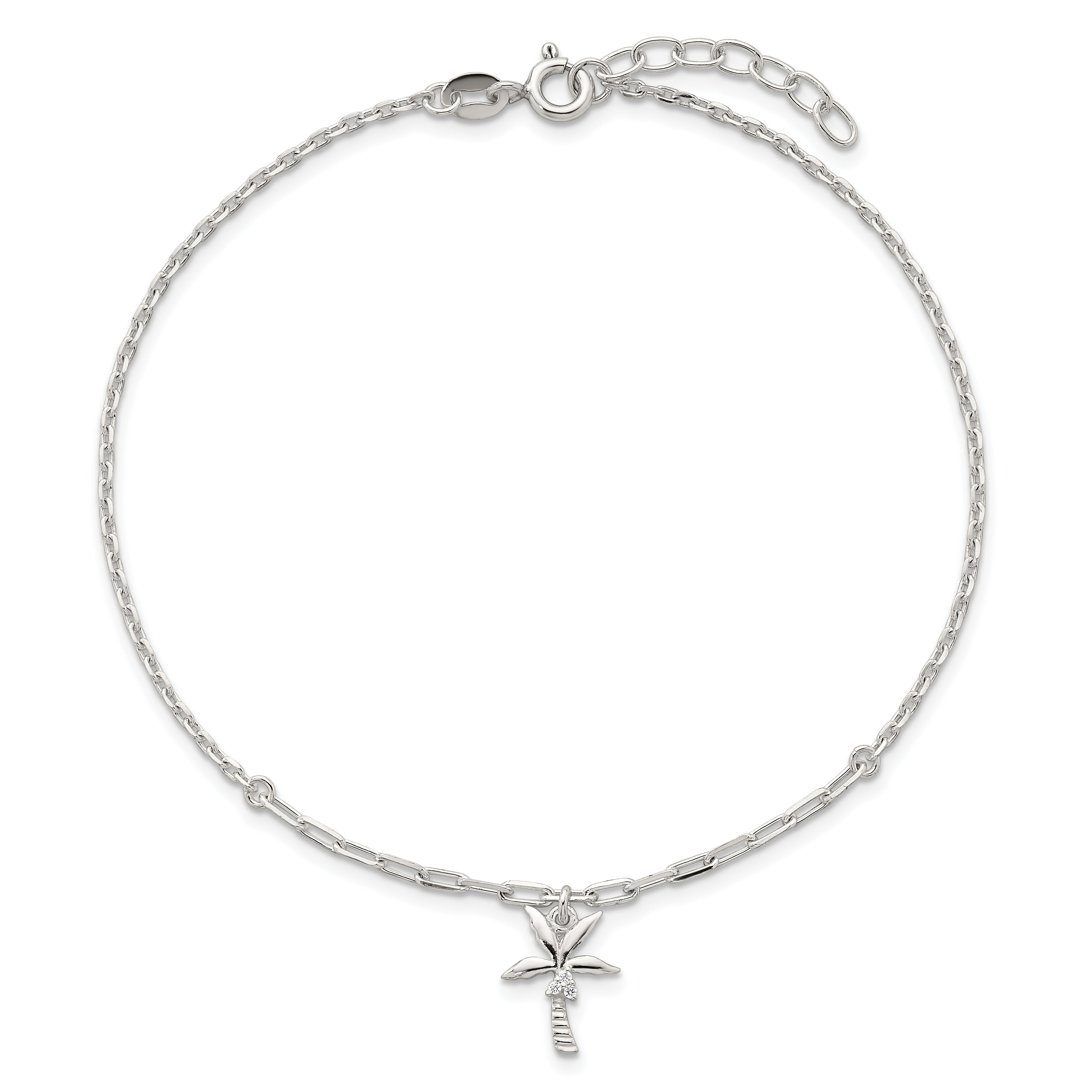 Sterling Silver CZ Palm Tree 9 inch Plus 1 inch Extender - Total 10 inch Anklet