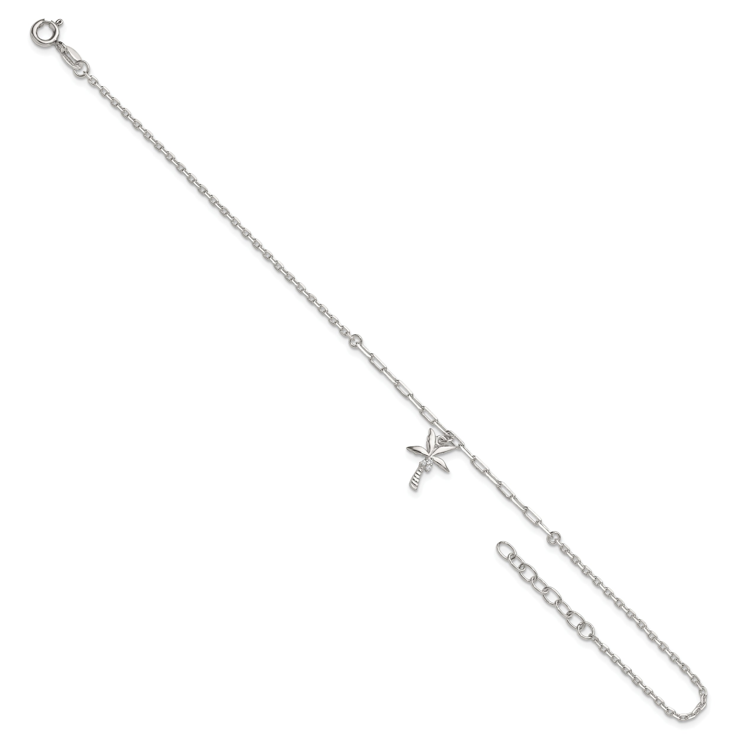 Sterling Silver CZ Palm Tree 9 inch Plus 1 inch Extender - Total 10 inch Anklet