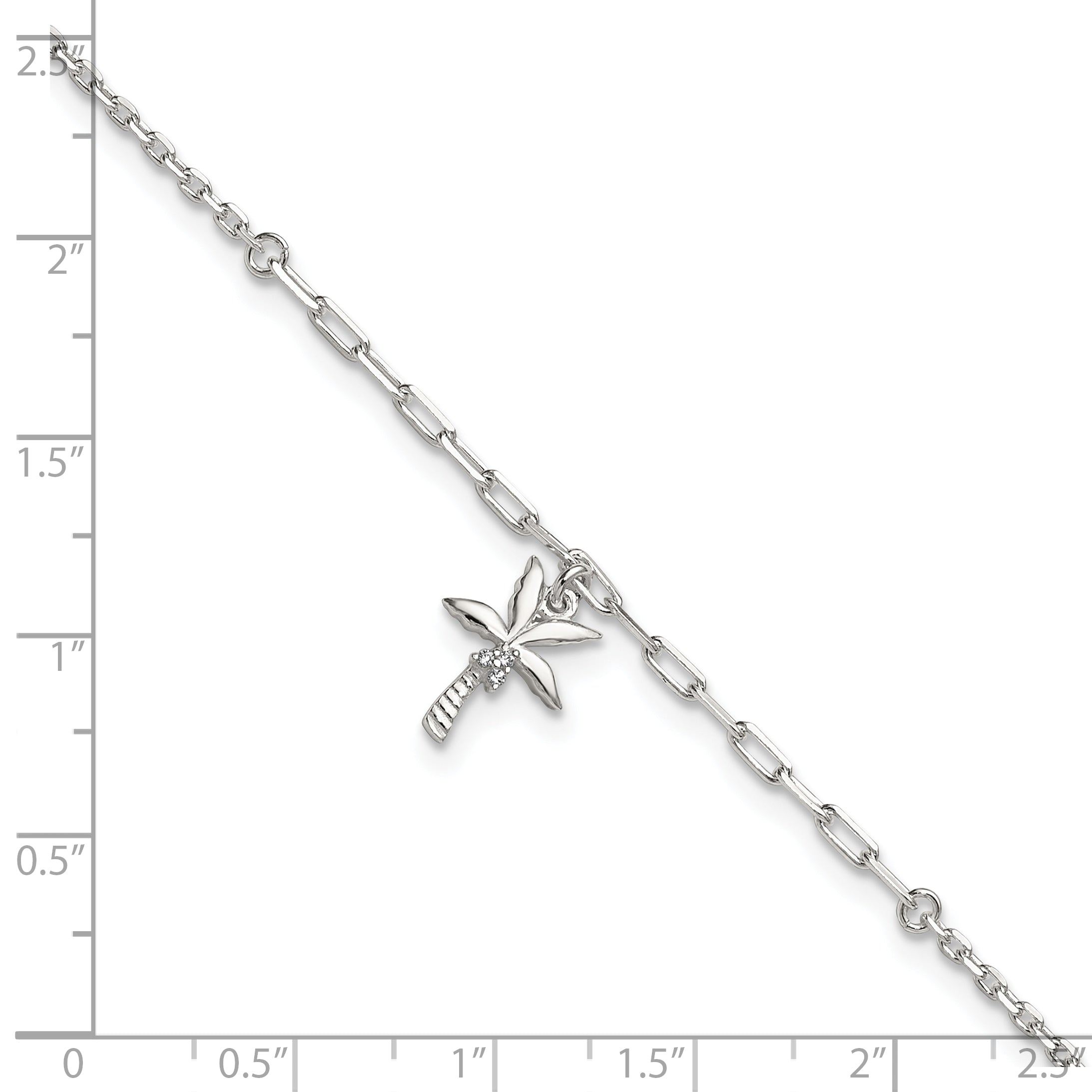 Sterling Silver CZ Palm Tree 9 inch Plus 1 inch Extender - Total 10 inch Anklet