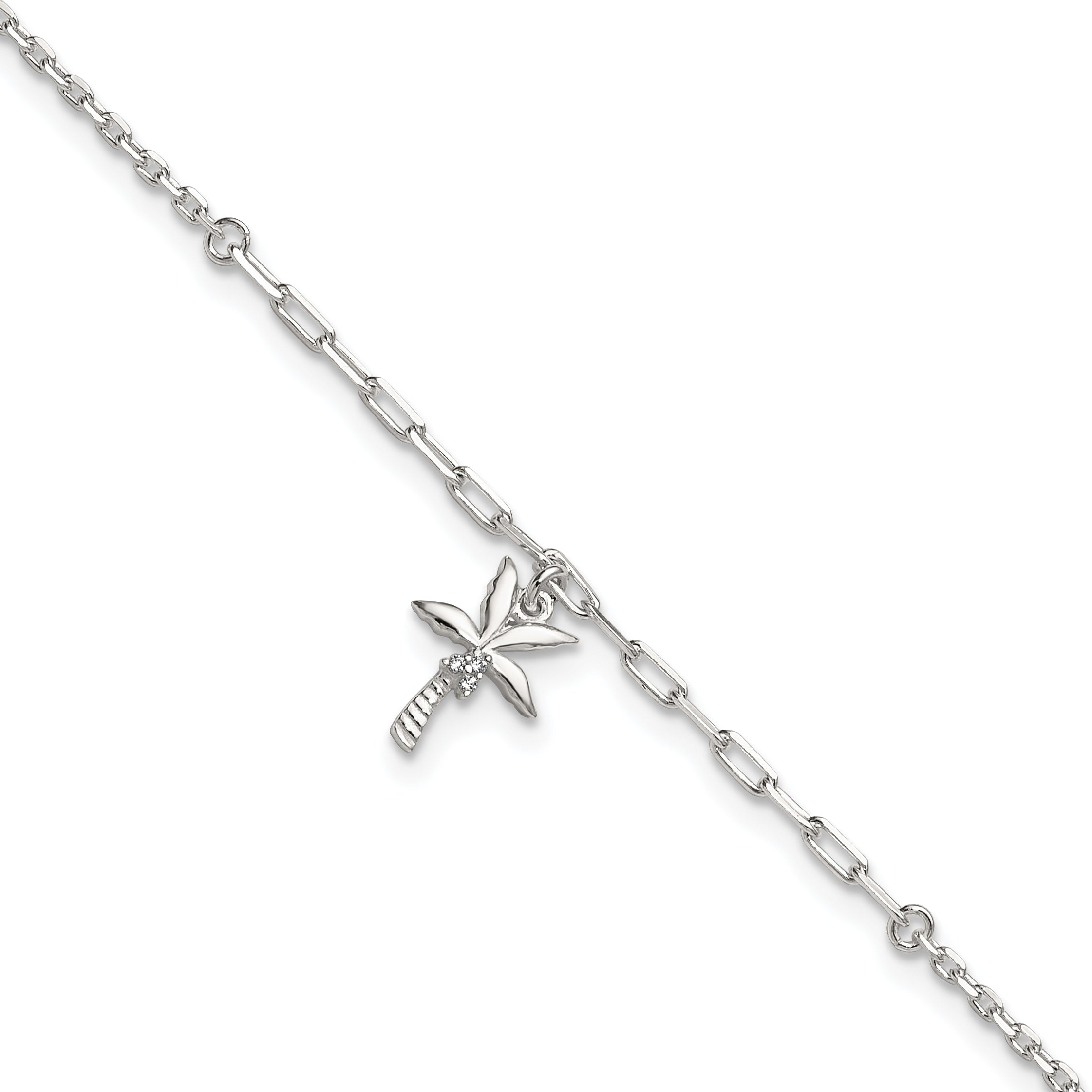 Sterling Silver CZ Palm Tree 9 inch Plus 1 inch Extender - Total 10 inch Anklet