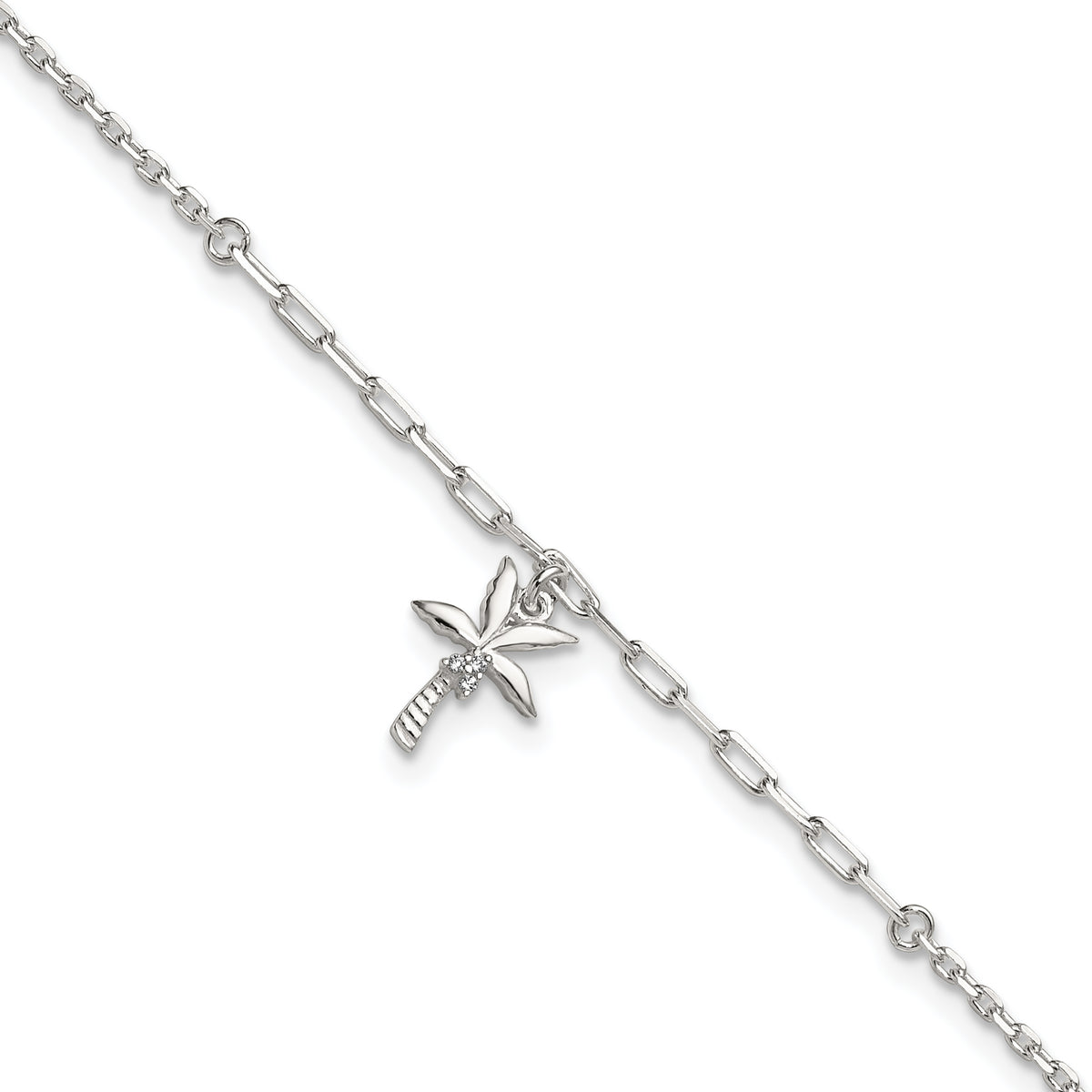 Sterling Silver CZ Palm Tree 9 inch Plus 1 inch Extender - Total 10 inch Anklet