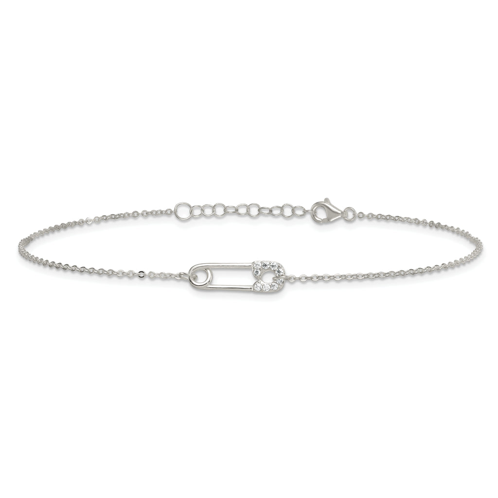 Sterling Silver CZ Safety Pin 9 Inch Plus 1 Inch Extender - Total 10 inch Anklet