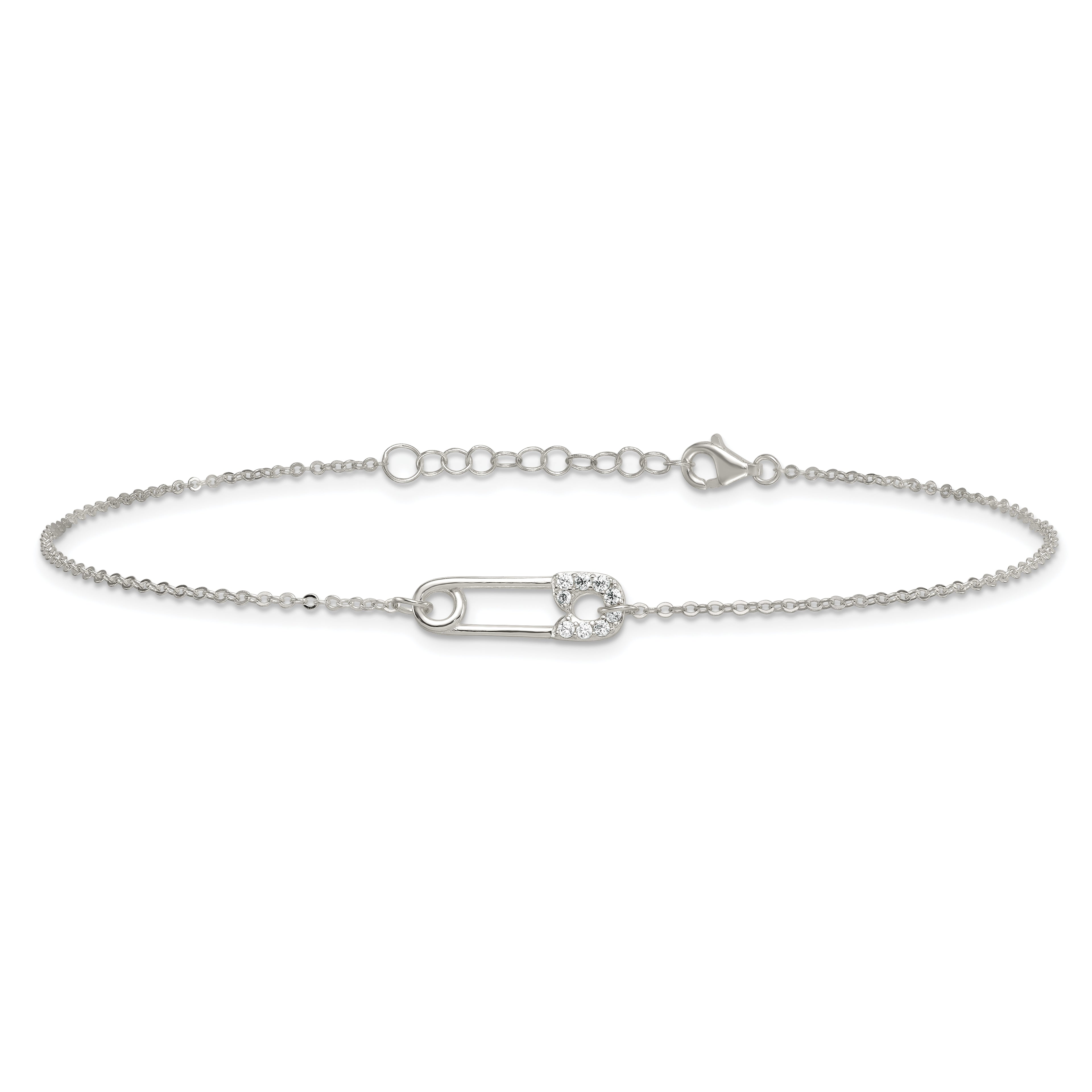 Sterling Silver CZ Safety Pin 9 Inch Plus 1 Inch Extender - Total 10 inch Anklet