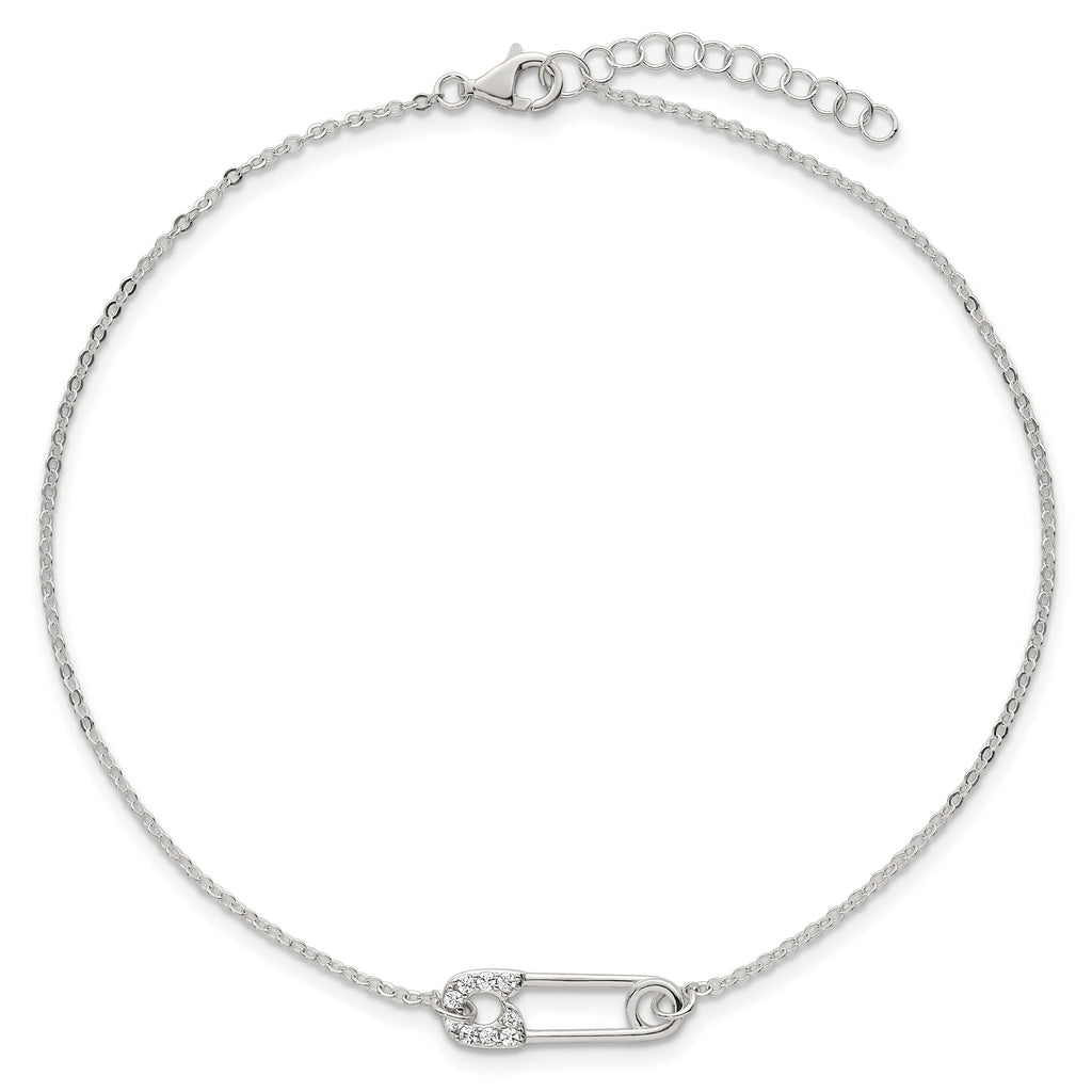Sterling Silver CZ Safety Pin 9 Inch Plus 1 Inch Extender - Total 10 inch Anklet