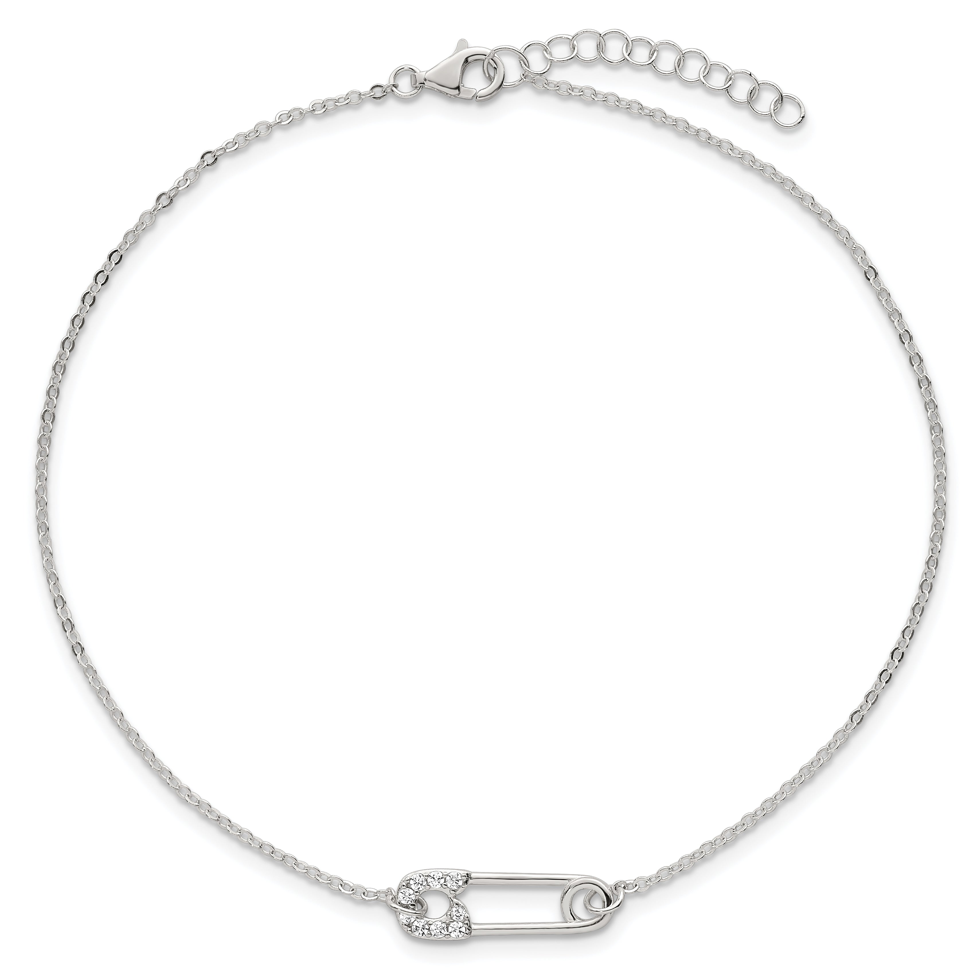 Sterling Silver CZ Safety Pin 9 Inch Plus 1 Inch Extender - Total 10 inch Anklet