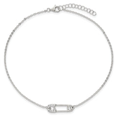 Sterling Silver CZ Safety Pin 9 Inch Plus 1 Inch Extender - Total 10 inch Anklet