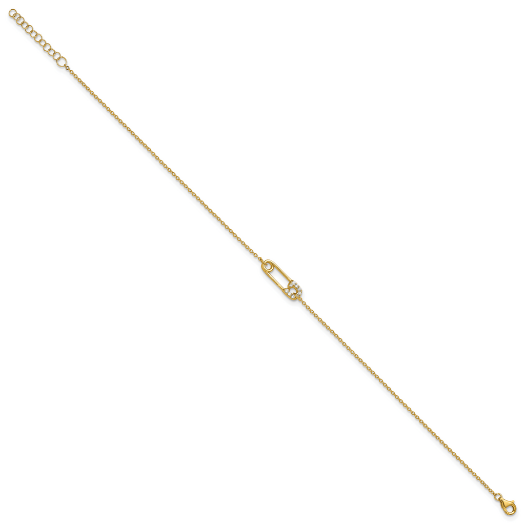 Sterling Silver Gold-tone CZ Safety Pin 9 inch Plus 1 inch Extender - Total 10 inch Anklet