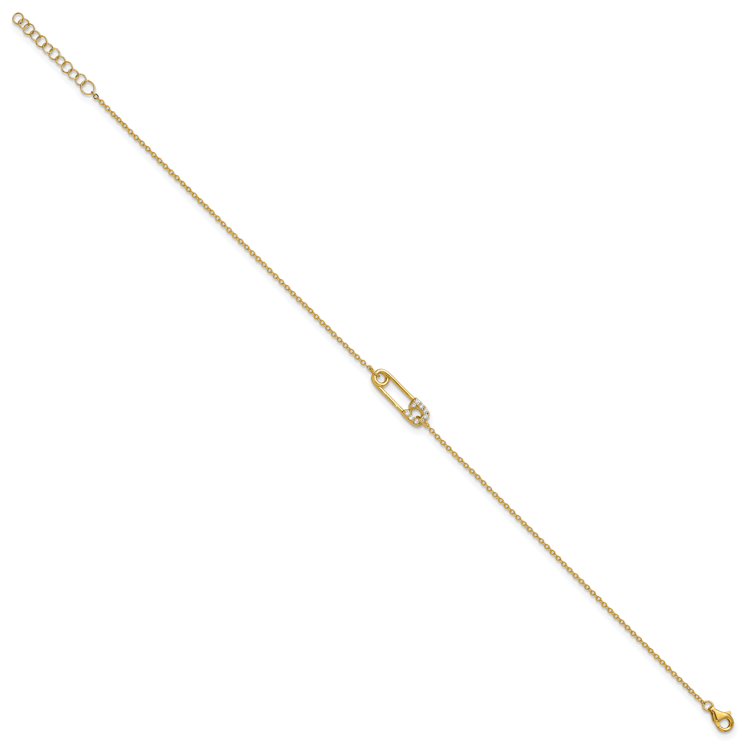 Sterling Silver Gold-tone CZ Safety Pin 9 inch Plus 1 inch Extender - Total 10 inch Anklet