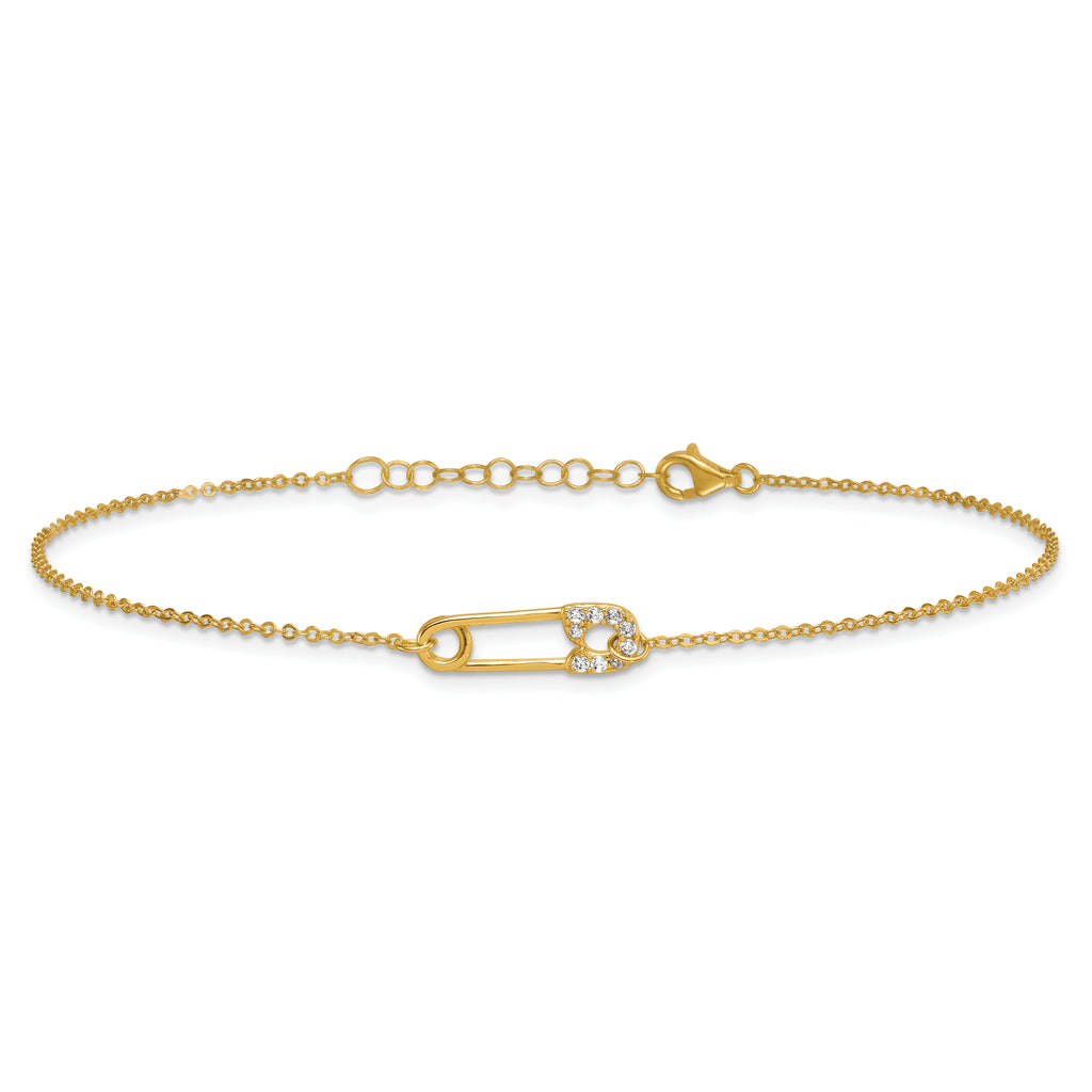 Sterling Silver Gold-tone CZ Safety Pin 9 inch Plus 1 inch Extender - Total 10 inch Anklet