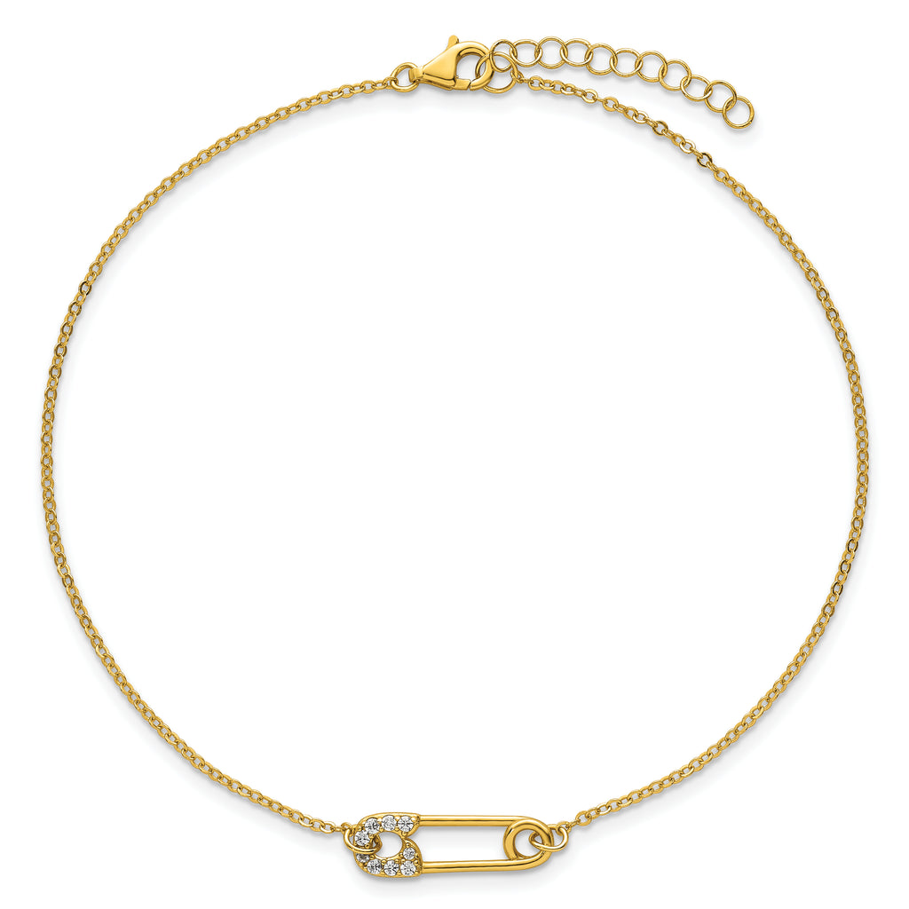 Sterling Silver Gold-tone CZ Safety Pin 9 inch Plus 1 inch Extender - Total 10 inch Anklet