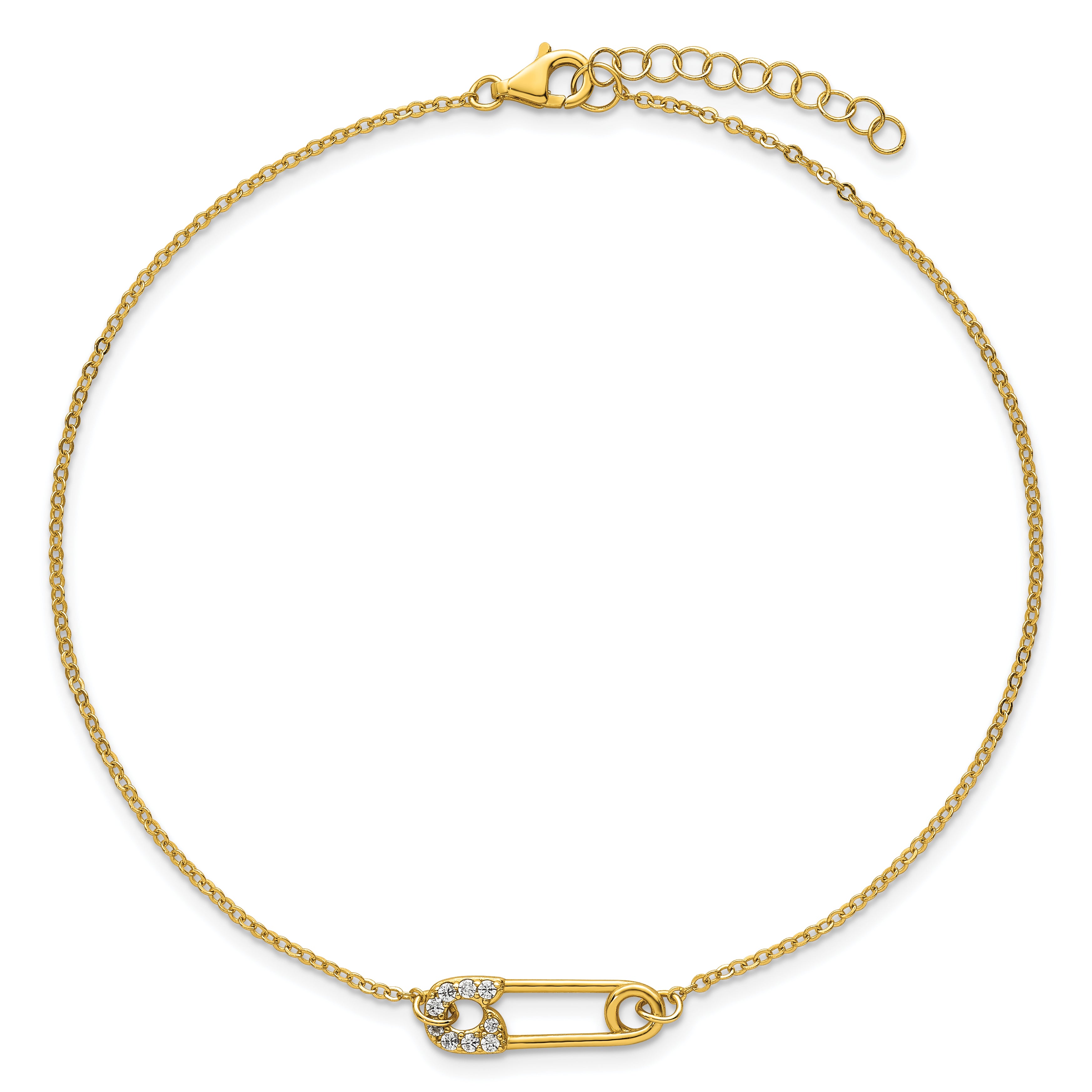 Sterling Silver Gold-tone CZ Safety Pin 9 inch Plus 1 inch Extender - Total 10 inch Anklet