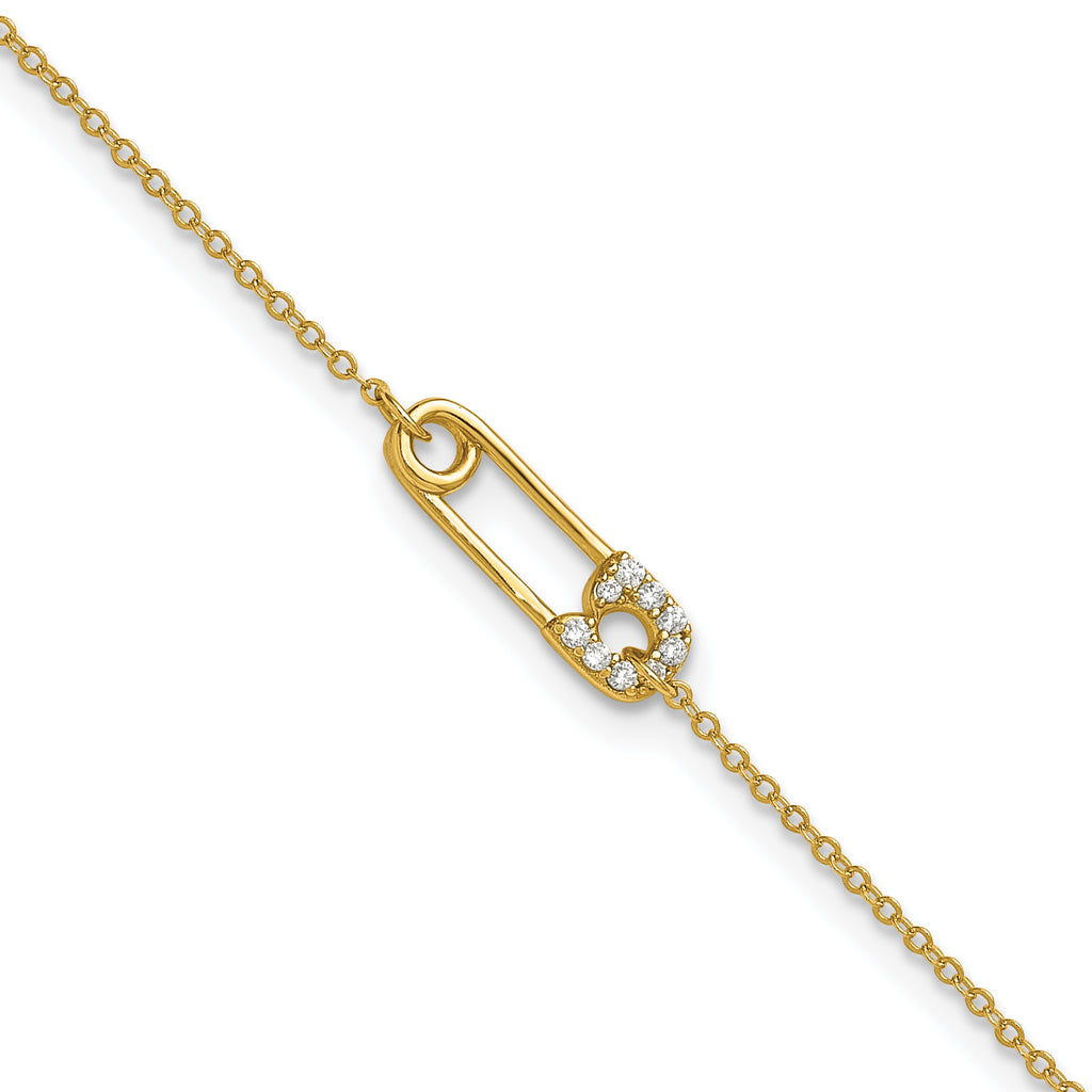 Sterling Silver Gold-tone CZ Safety Pin 9 inch Plus 1 inch Extender - Total 10 inch Anklet
