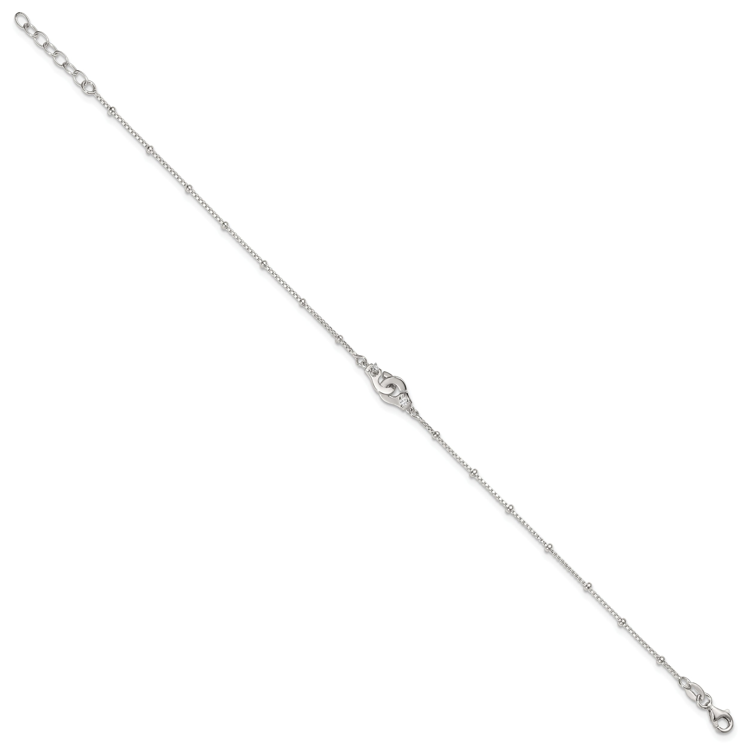 Sterling Silver Beaded CZ Interlocked Circles 9 inch Plus 1 inch Extender - Total 10 inch Anklet