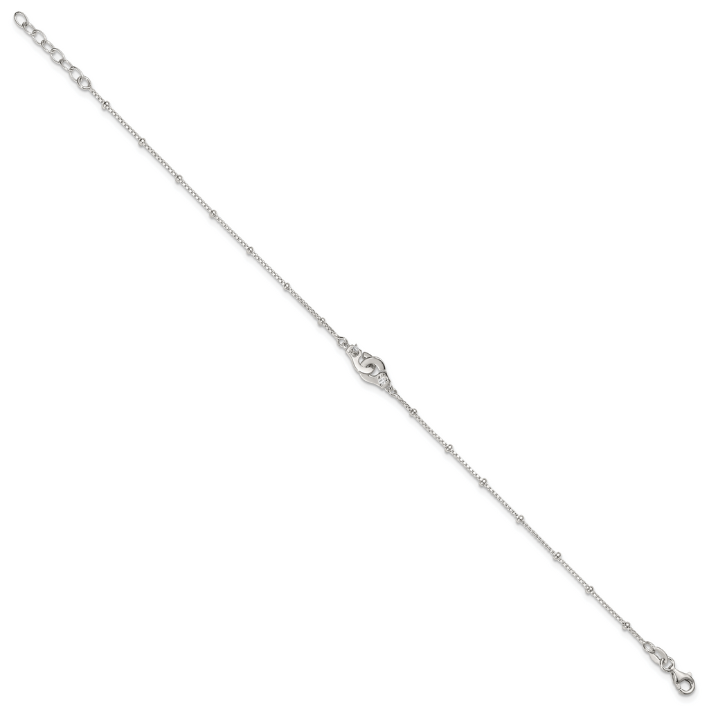 Sterling Silver Beaded CZ Interlocked Circles 9 inch Plus 1 inch Extender - Total 10 inch Anklet