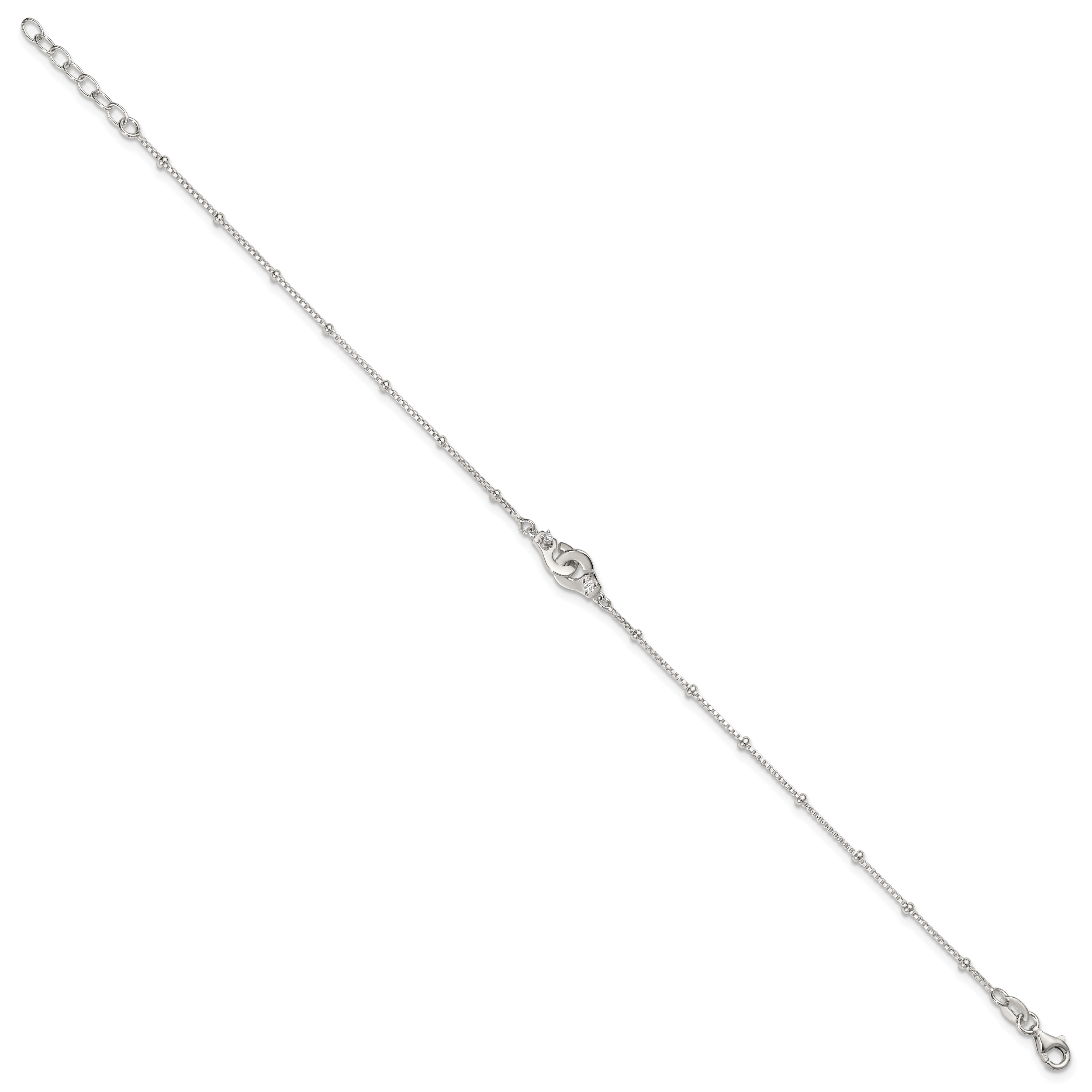 Sterling Silver Beaded CZ Interlocked Circles 9 inch Plus 1 inch Extender - Total 10 inch Anklet