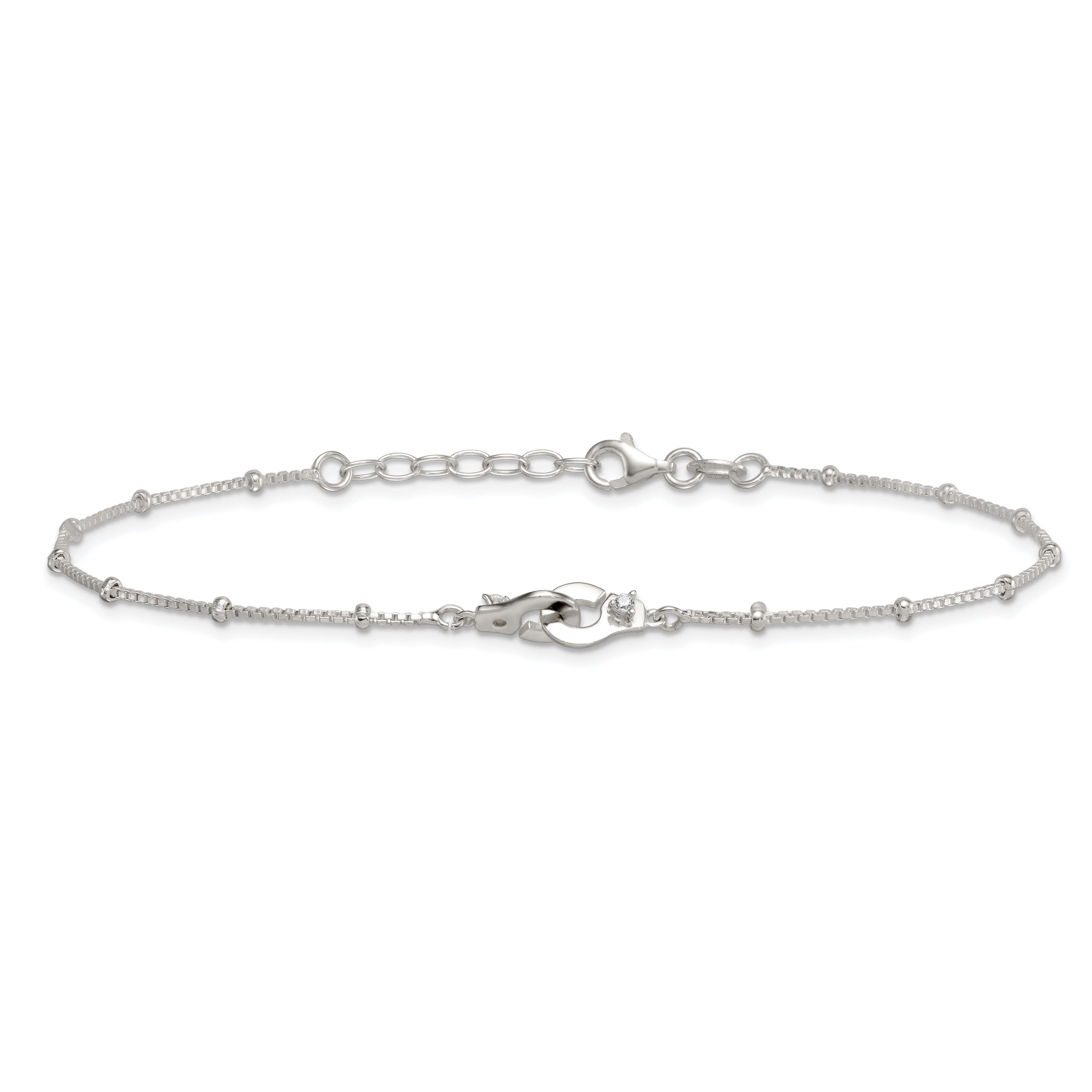 Sterling Silver Beaded CZ Interlocked Circles 9 inch Plus 1 inch Extender - Total 10 inch Anklet