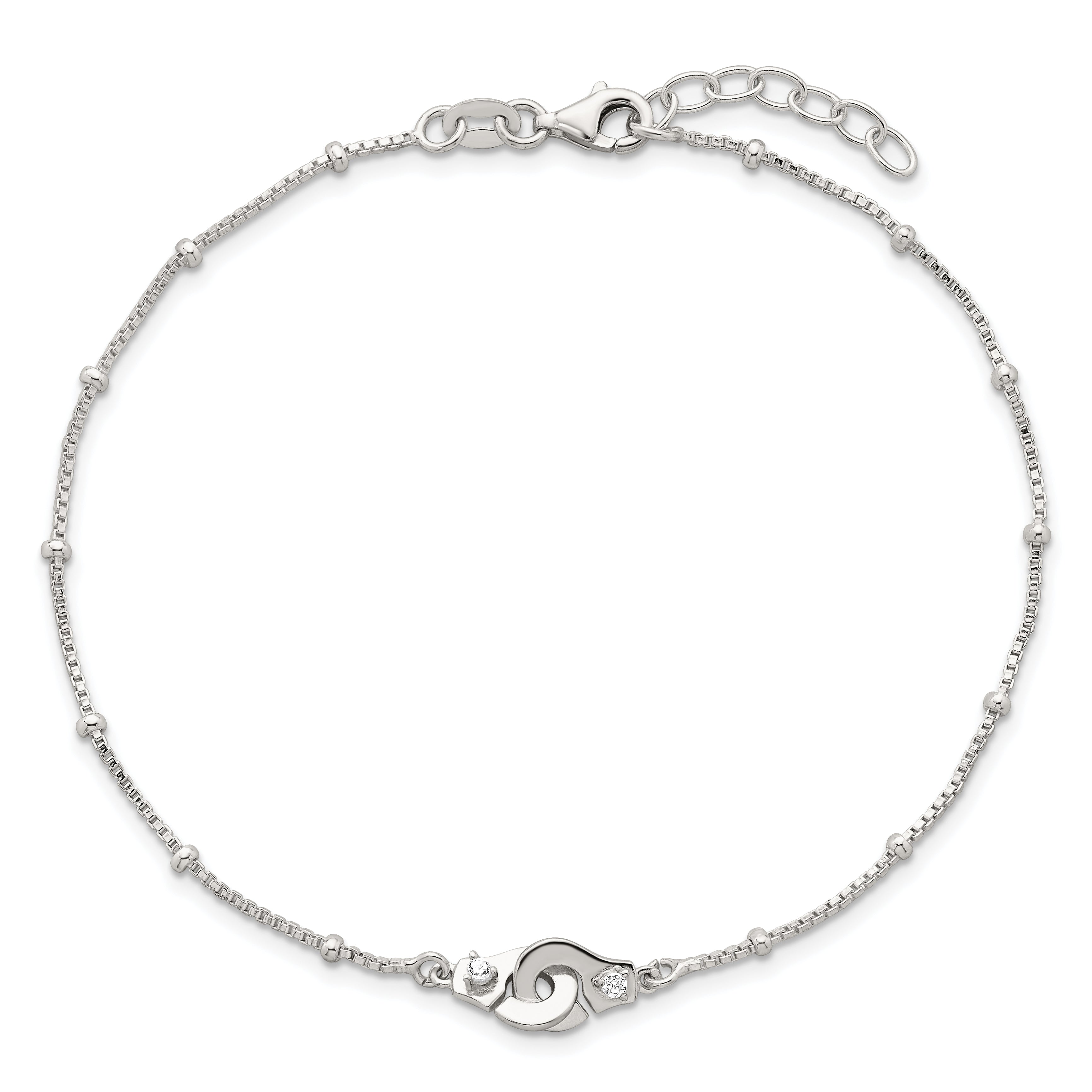 Sterling Silver Beaded CZ Interlocked Circles 9 inch Plus 1 inch Extender - Total 10 inch Anklet