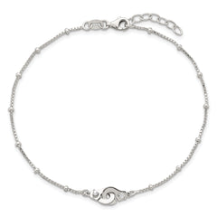 Sterling Silver Beaded CZ Interlocked Circles 9 inch Plus 1 inch Extender - Total 10 inch Anklet
