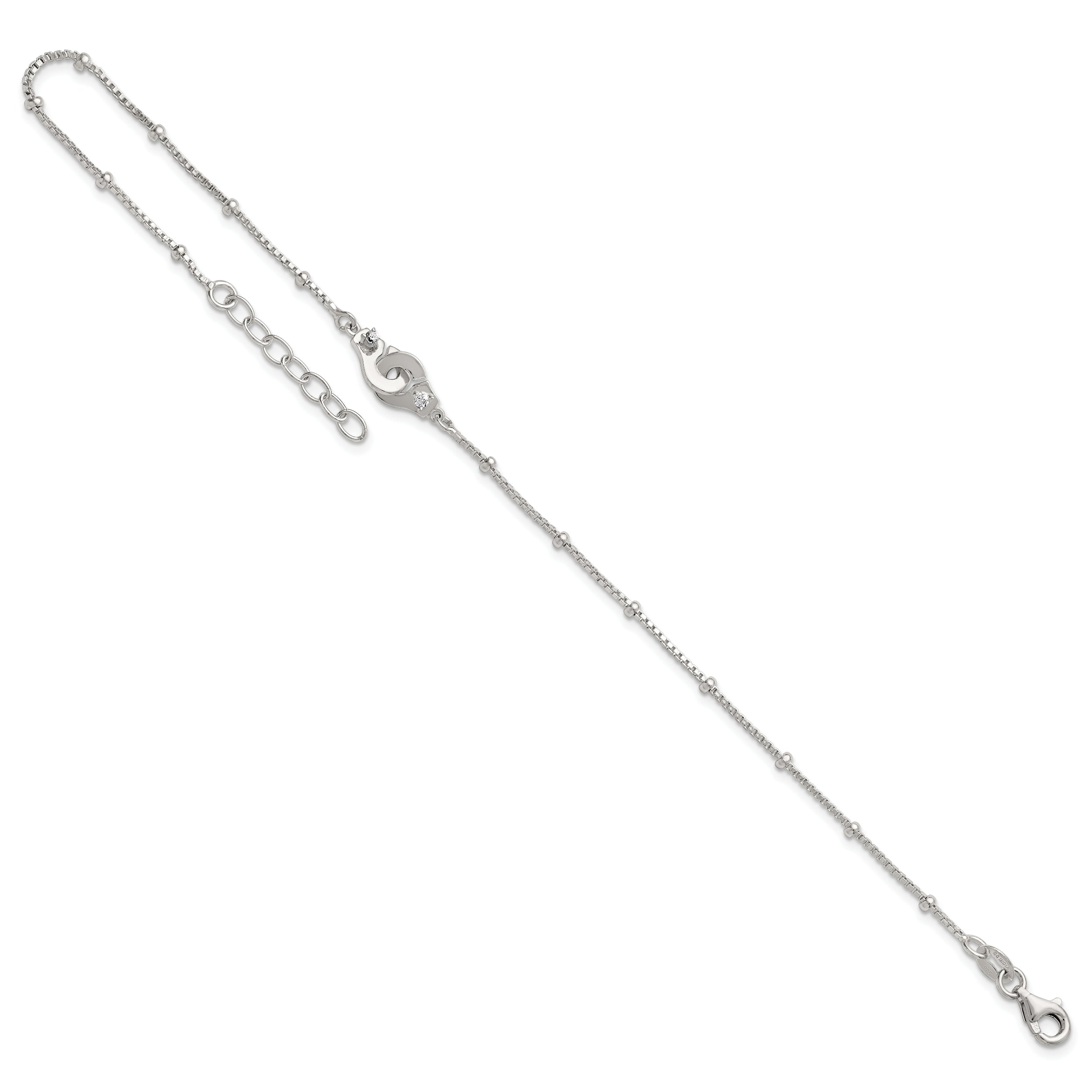 Sterling Silver Beaded CZ Interlocked Circles 9 inch Plus 1 inch Extender - Total 10 inch Anklet
