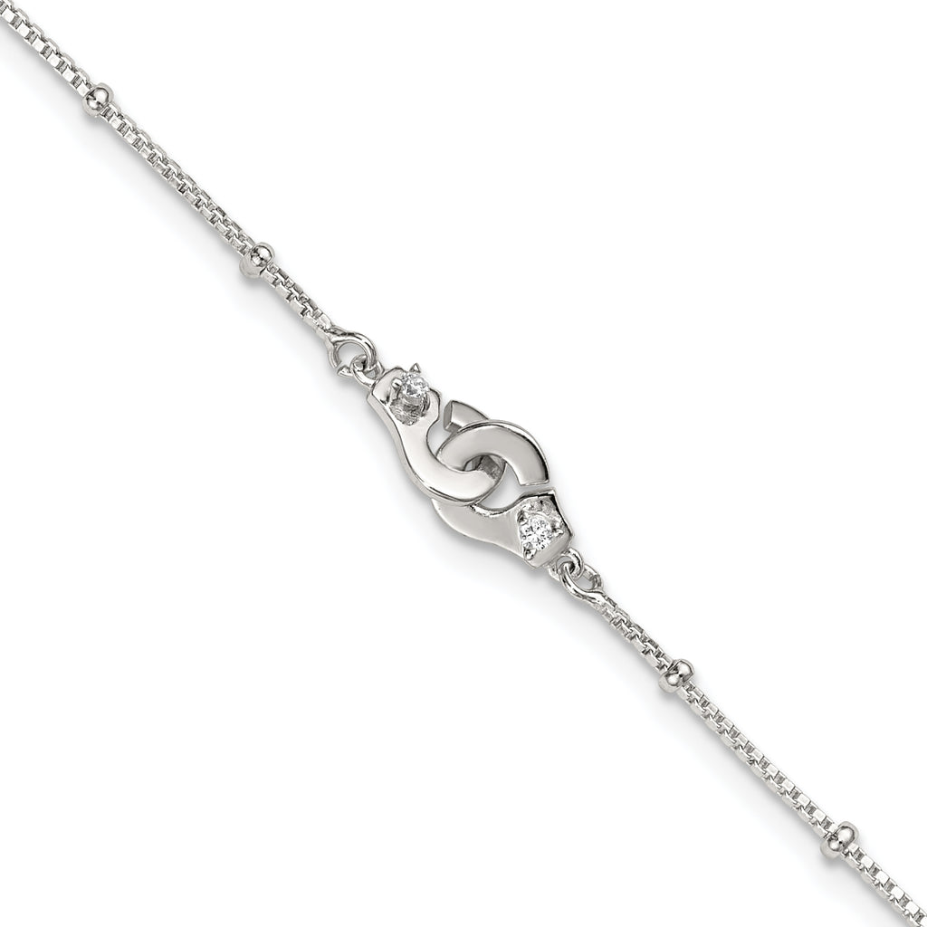 Sterling Silver Beaded CZ Interlocked Circles 9 inch Plus 1 inch Extender - Total 10 inch Anklet