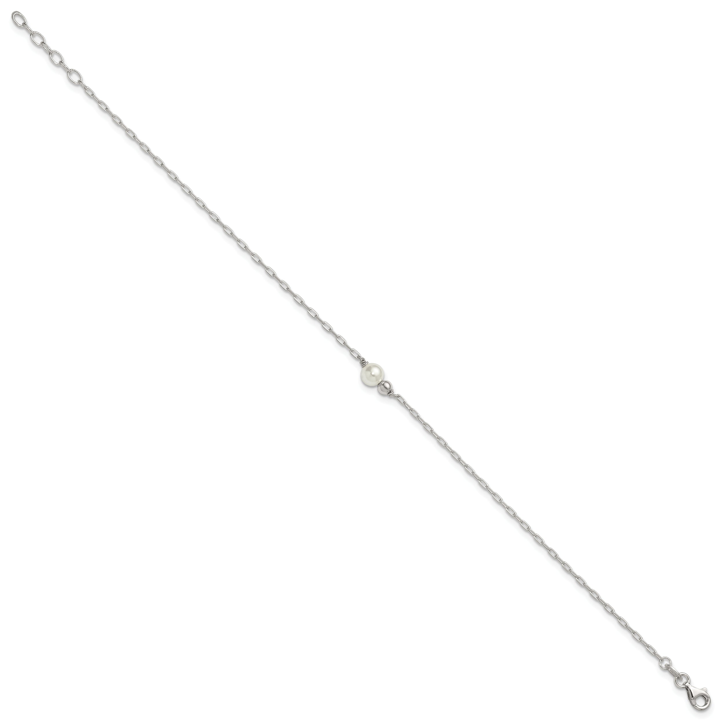 Sterling Silver Bead and Glass Pearl 9 inch Plus 1 inch Extender - Total 10 inch Anklet