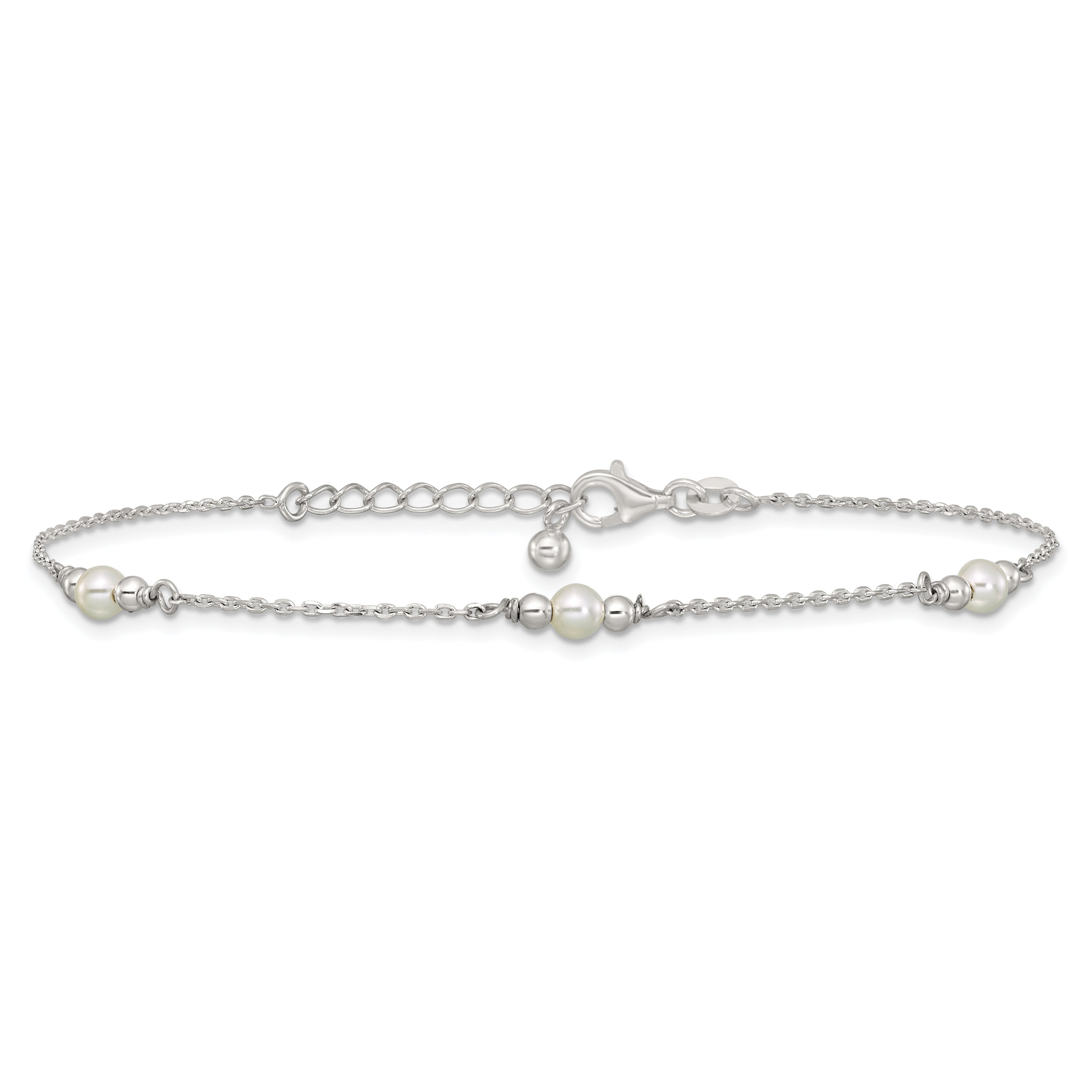 Sterling Silver Beaded and Acrylic Pearl 9 inch Plus 1 inch Extender - Total 10 inch Anklet