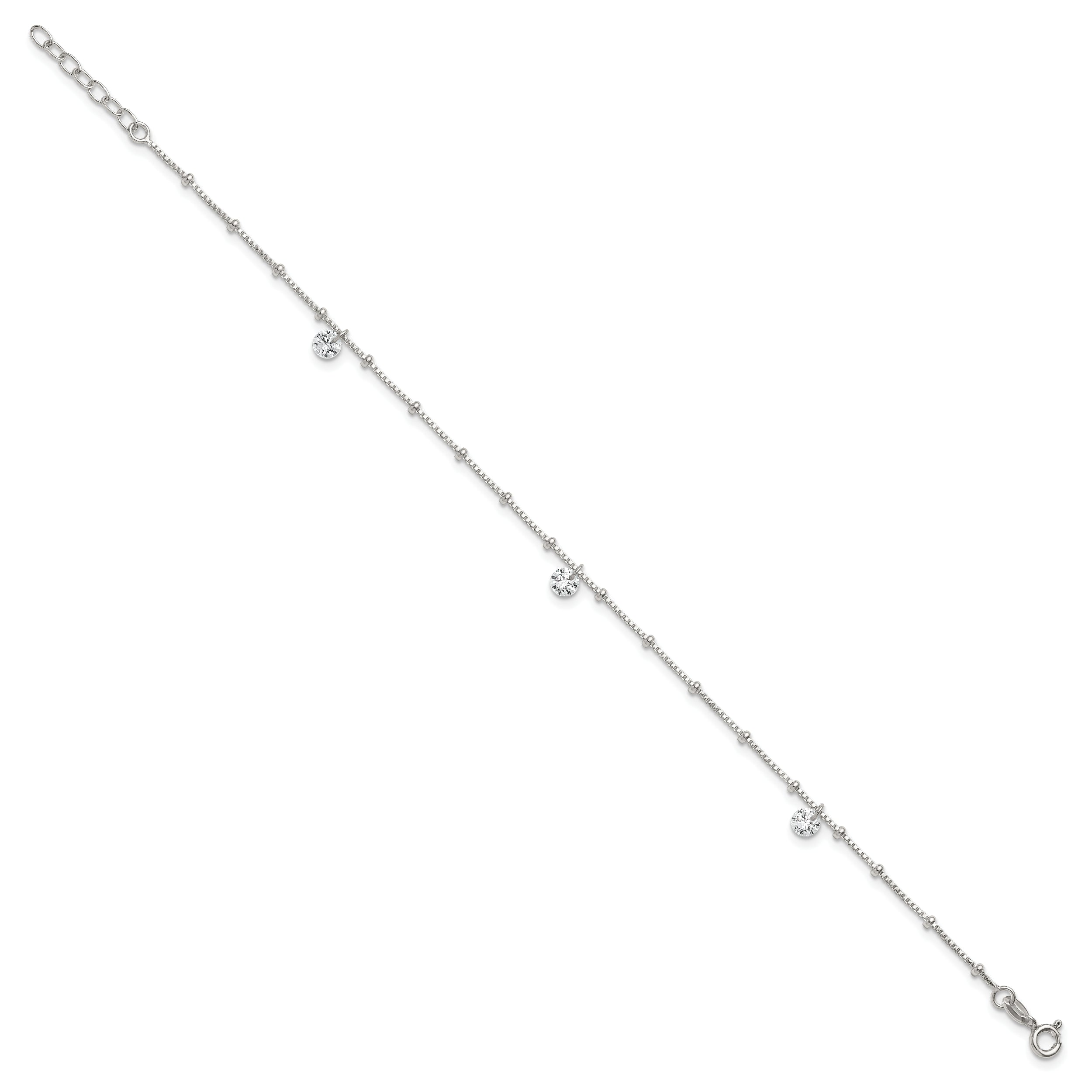 Sterling Silver Beaded CZ 9 inch Plus 1 inch Extender - Total 10 inch Anklet