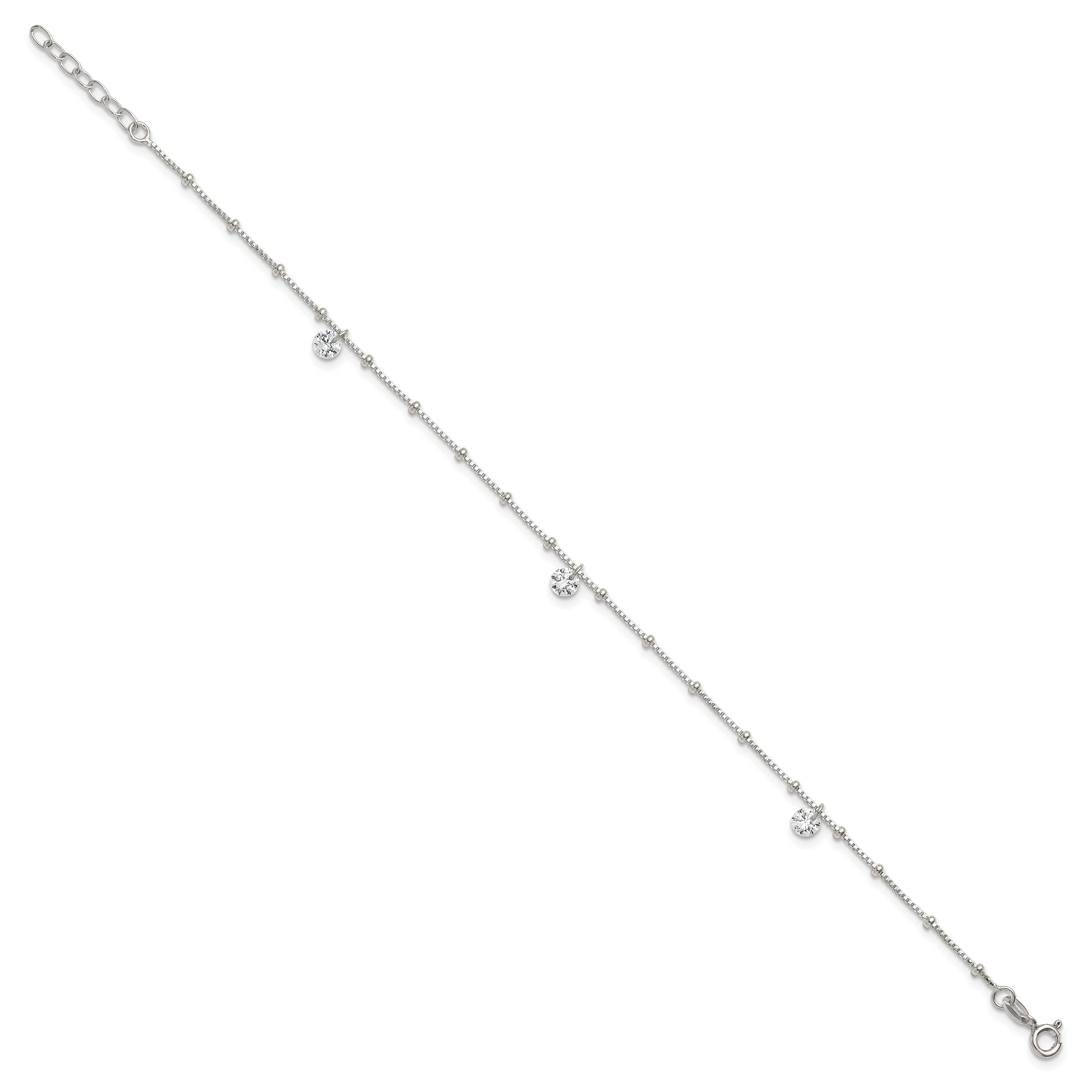 Sterling Silver Beaded CZ 9 inch Plus 1 inch Extender - Total 10 inch Anklet