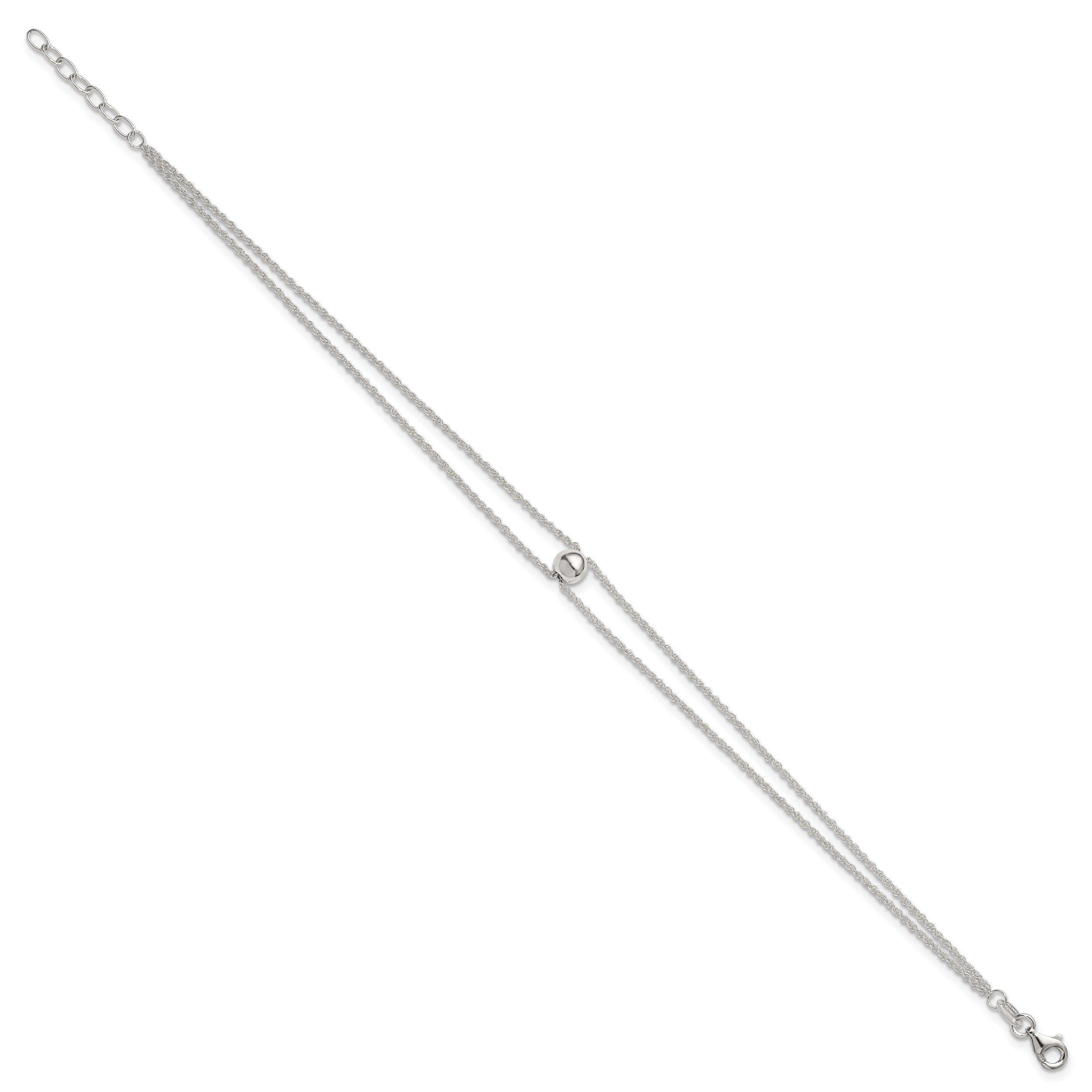Sterling Silver 2-Strand Bead 9 inch Plus 1 inch Extender - Total 10 inch Anklet