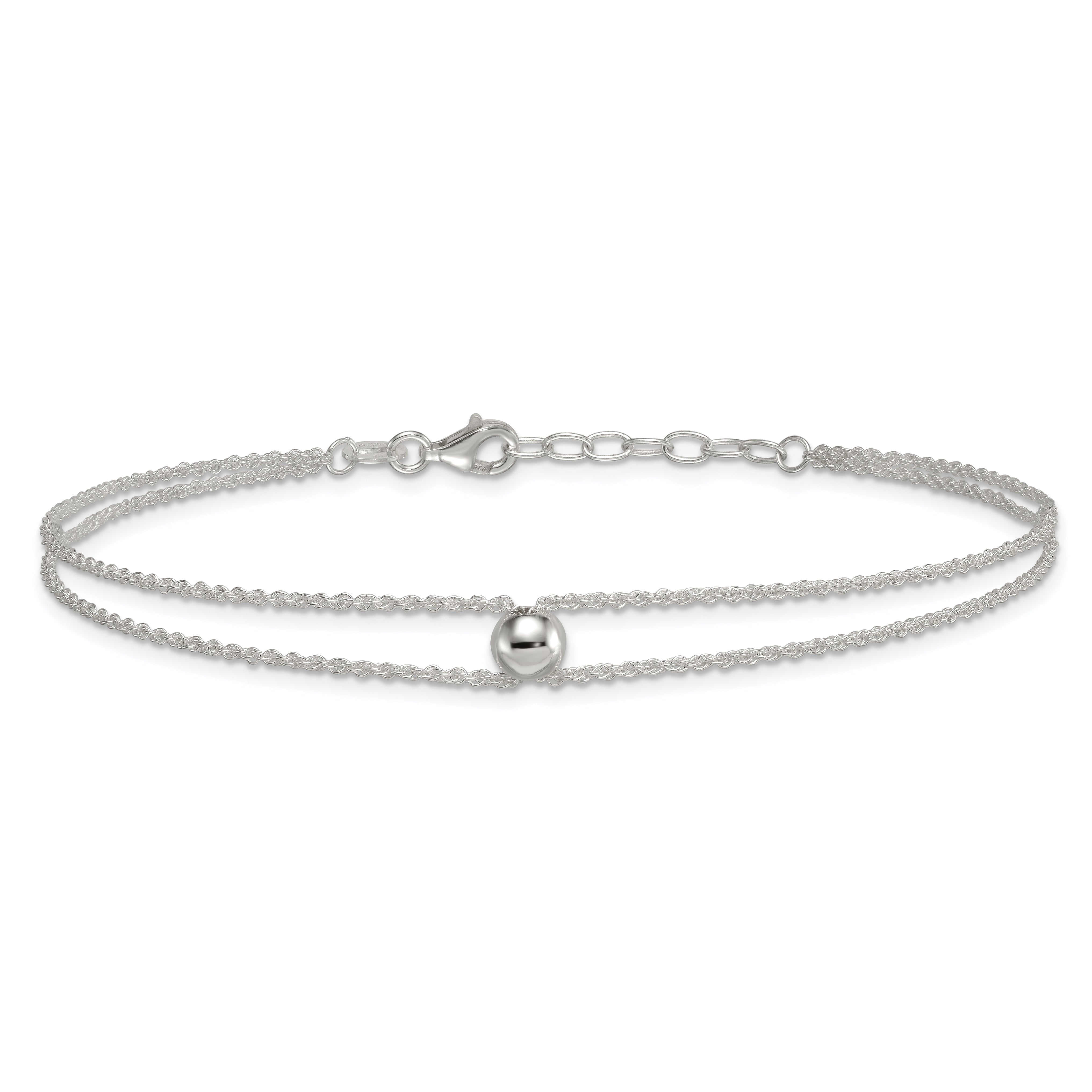 Sterling Silver 2-Strand Bead 9 inch Plus 1 inch Extender - Total 10 inch Anklet