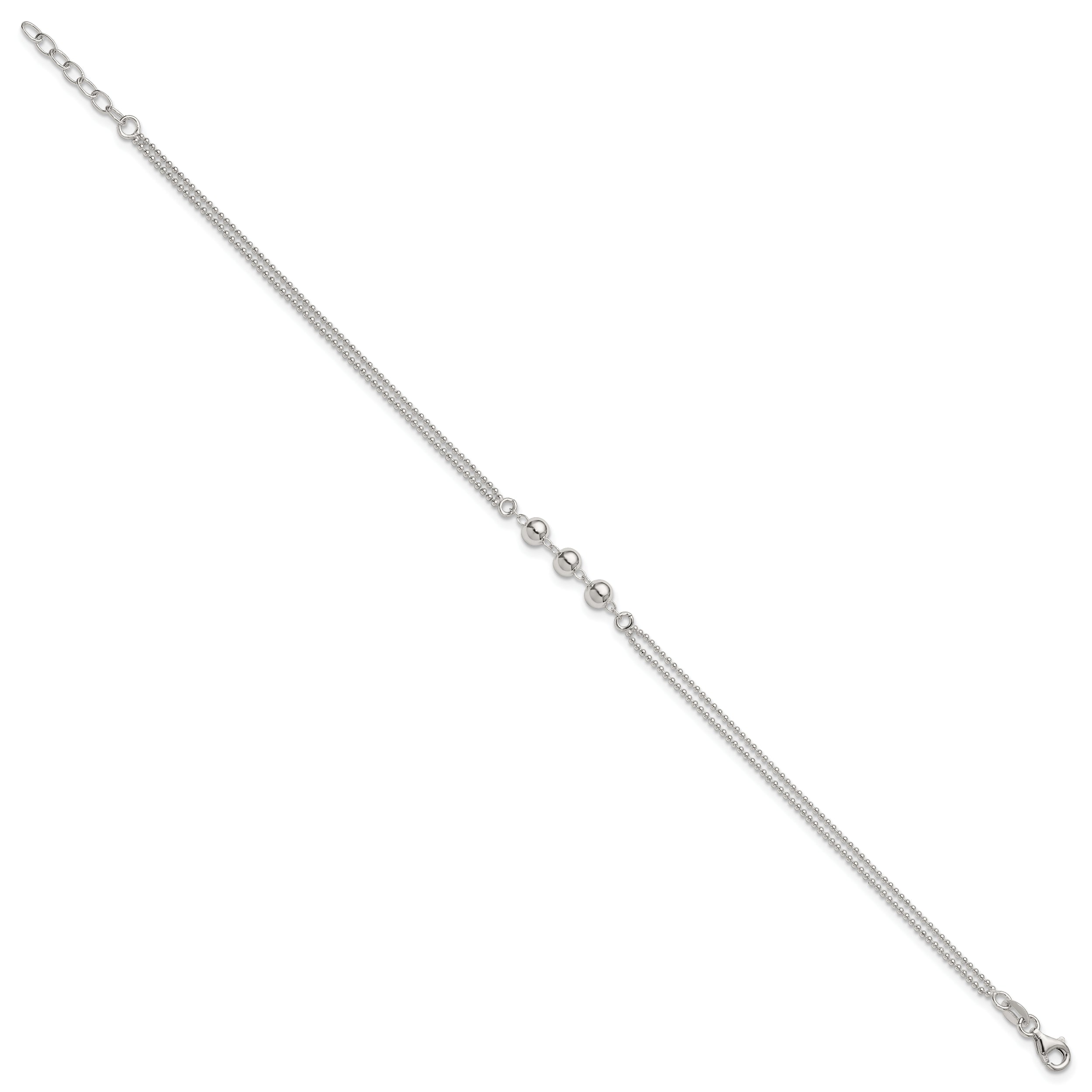 Sterling Silver Beaded 2-Strand 9 inch Plus 1 inch Extender - Total 10 inch Anklet