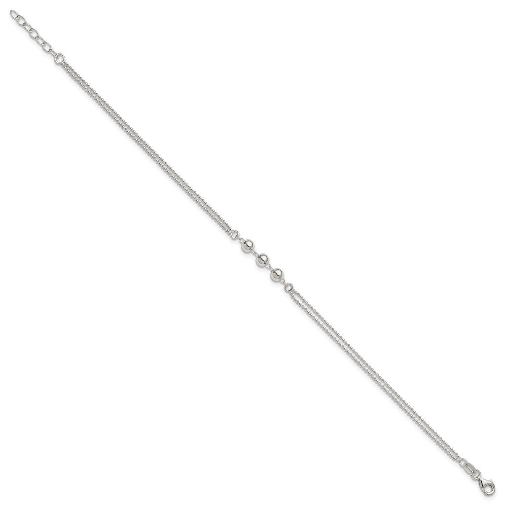 Sterling Silver Beaded 2-Strand 9 inch Plus 1 inch Extender - Total 10 inch Anklet