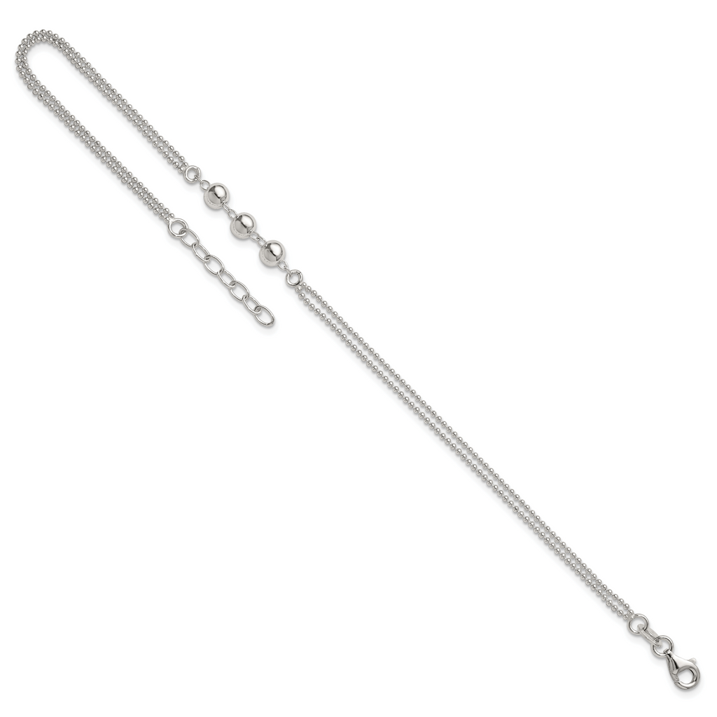 Sterling Silver Beaded 2-Strand 9 inch Plus 1 inch Extender - Total 10 inch Anklet