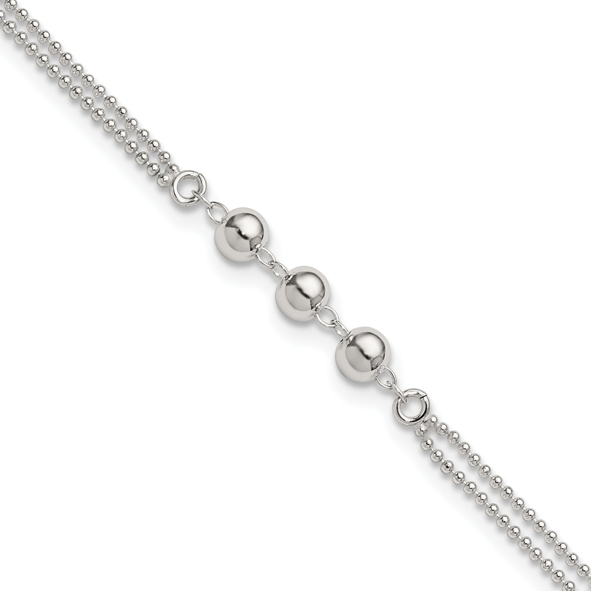 Sterling Silver Beaded 2-Strand 9 inch Plus 1 inch Extender - Total 10 inch Anklet