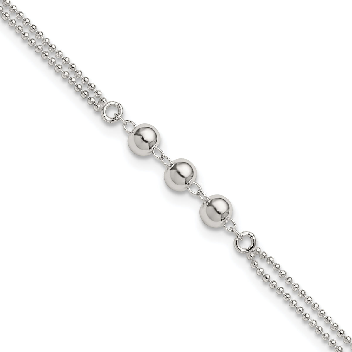 Sterling Silver Beaded 2-Strand 9 inch Plus 1 inch Extender - Total 10 inch Anklet