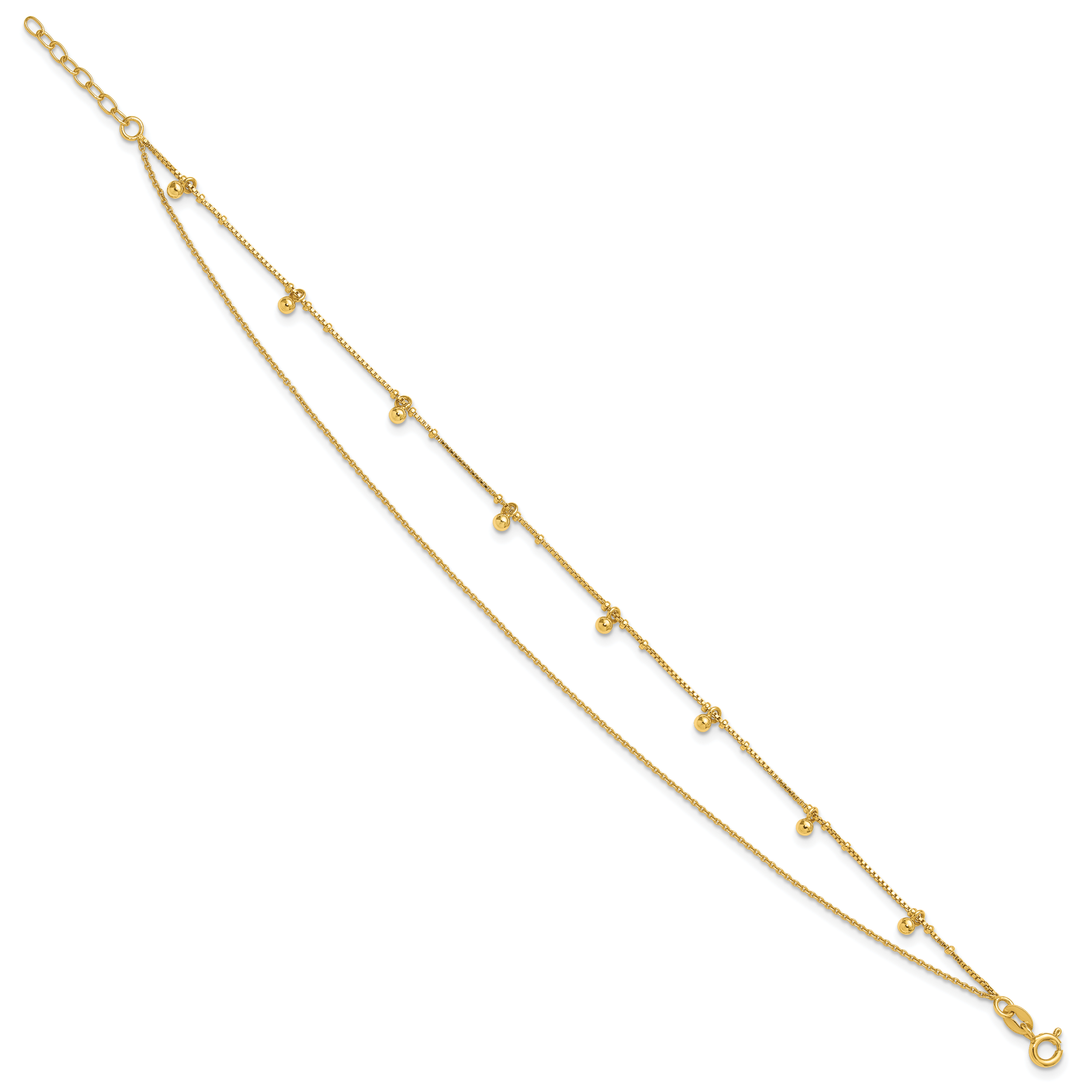 Sterling Silver Gold-tone Beaded 2-Strand 9 inch Plus 1 inch Extender - Total 10 inch Anklet Secondary image