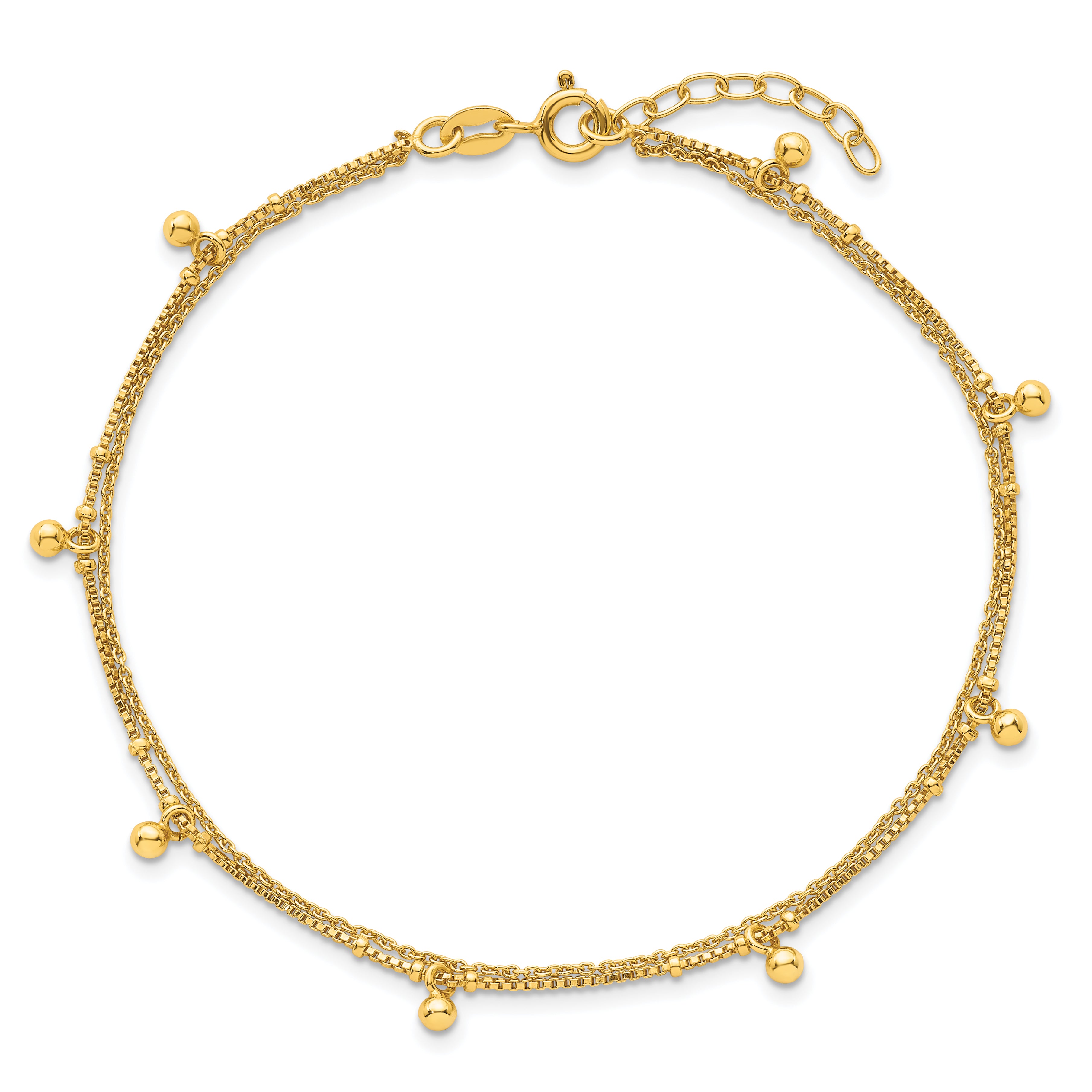 Sterling Silver Gold-tone Beaded 2-Strand 9 inch Plus 1 inch Extender - Total 10 inch Anklet