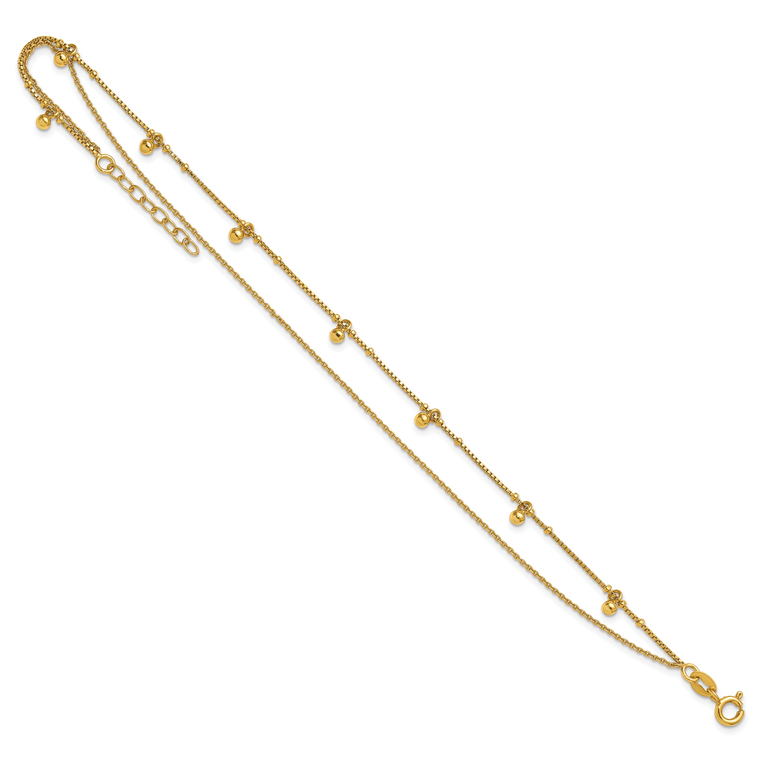Sterling Silver Gold-tone Beaded 2-Strand 9 inch Plus 1 inch Extender - Total 10 inch Anklet
