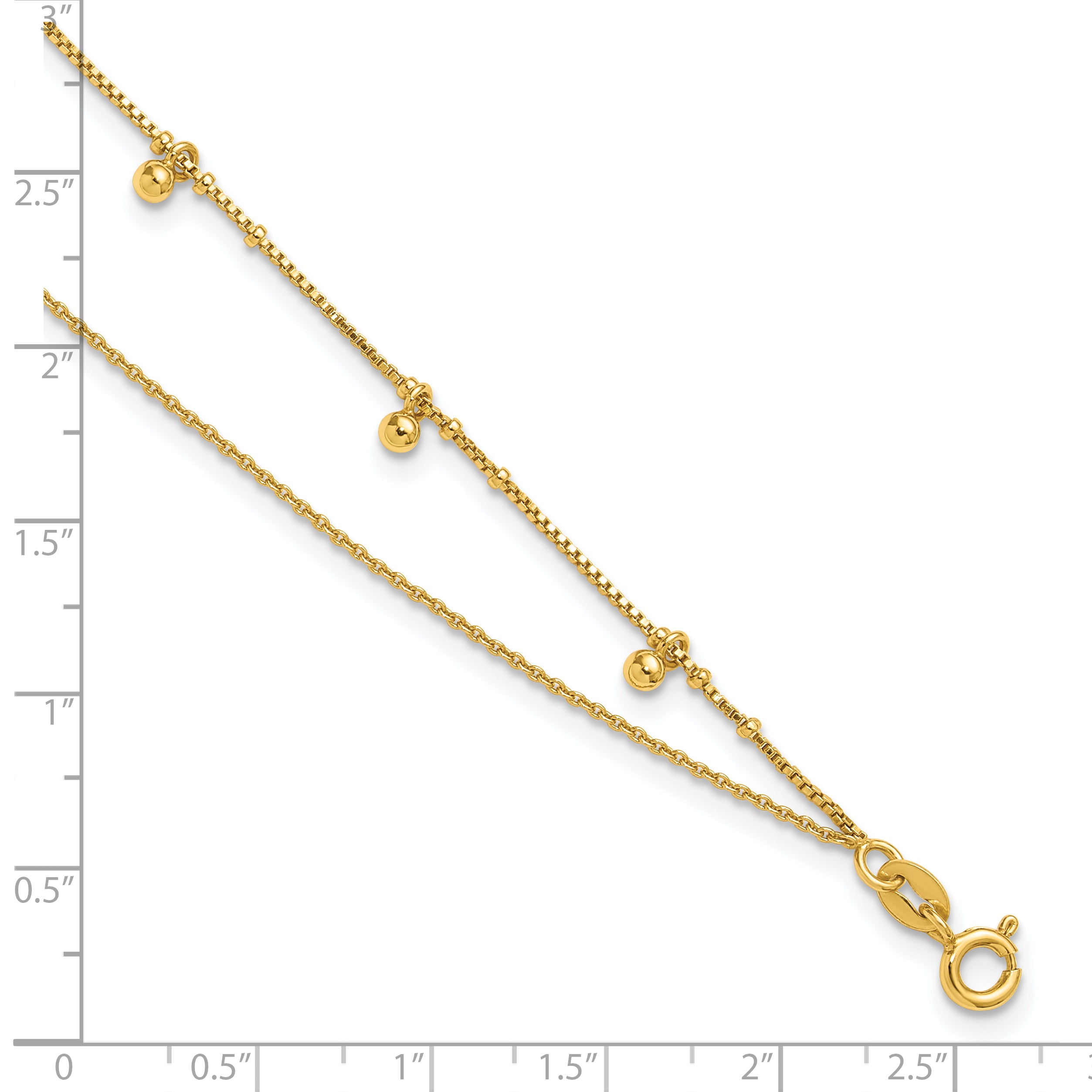 Sterling Silver Gold-tone Beaded 2-Strand 9 inch Plus 1 inch Extender - Total 10 inch Anklet
