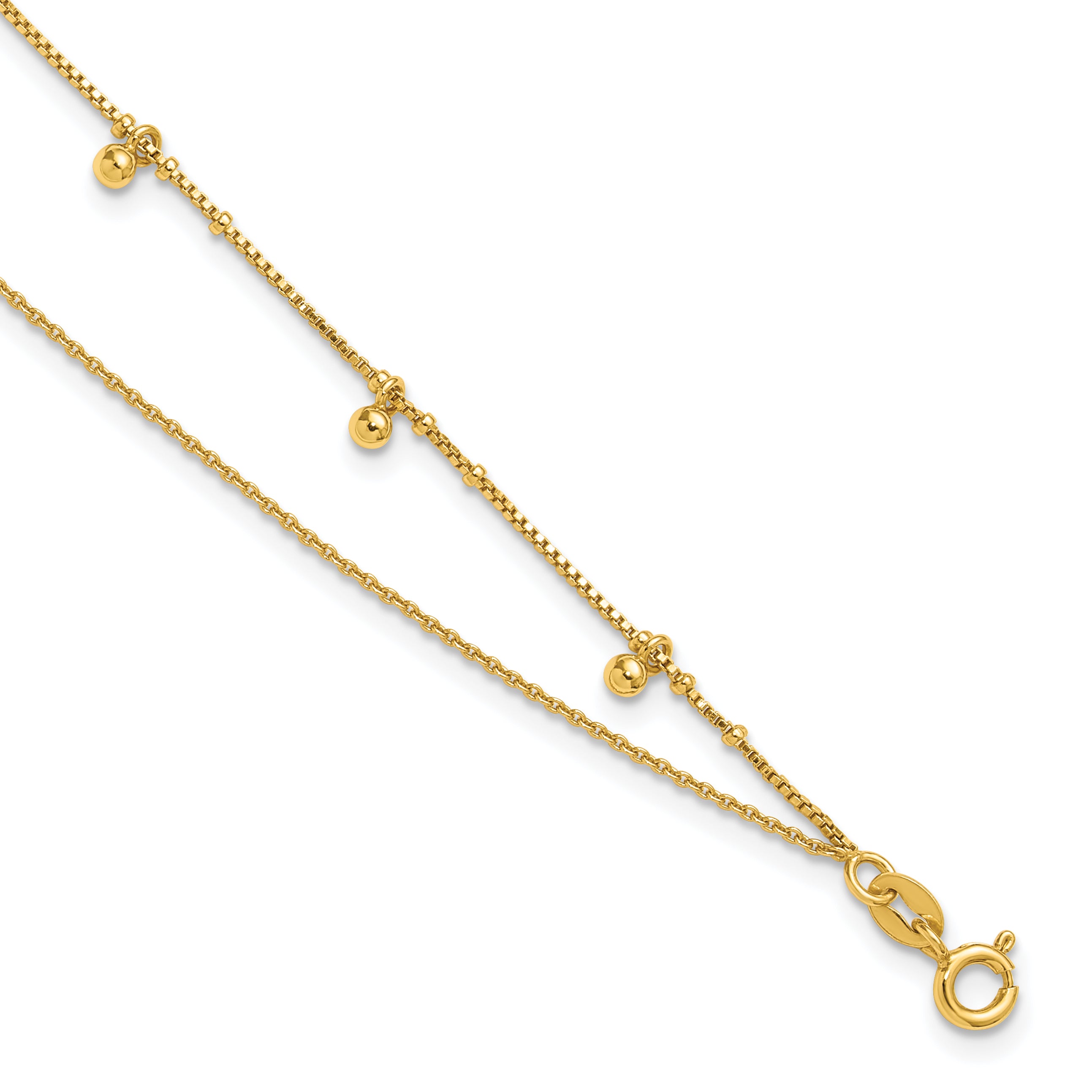 Sterling Silver Gold-tone Beaded 2-Strand 9 inch Plus 1 inch Extender - Total 10 inch Anklet