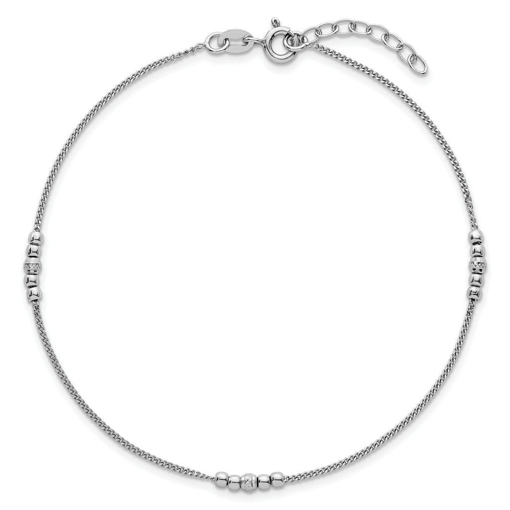 Sterling Silver Rhodium-plated Beaded 9 inch Plus 1 inch Extender - Total 10 inch Anklet