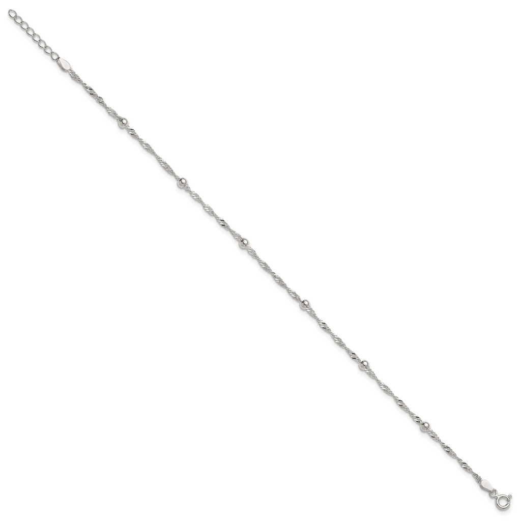 Sterling Silver Beaded 6-Station 9 inch Plus 1 inch Extender - Total 10 inch Anklet