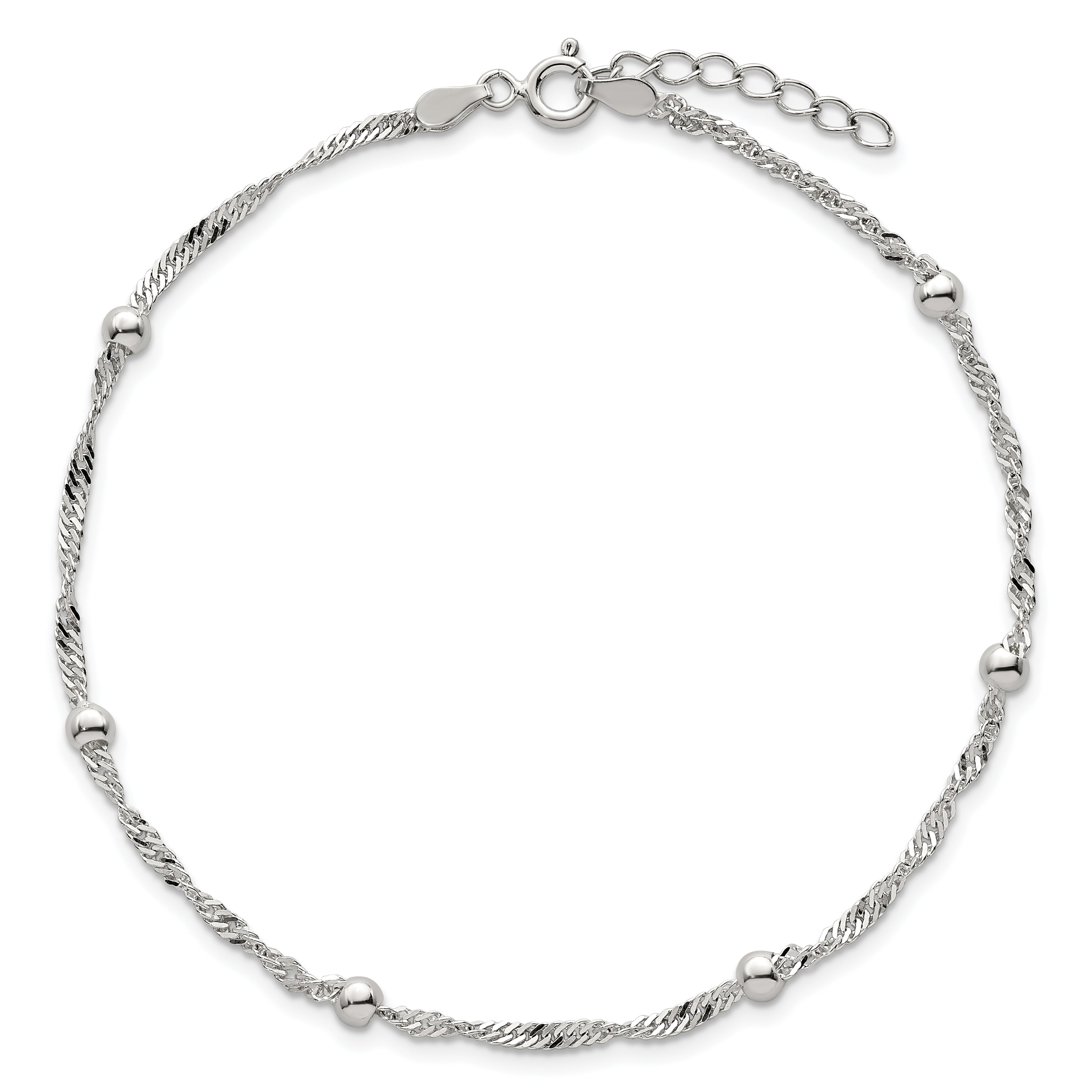 Sterling Silver Beaded 6-Station 9 inch Plus 1 inch Extender - Total 10 inch Anklet