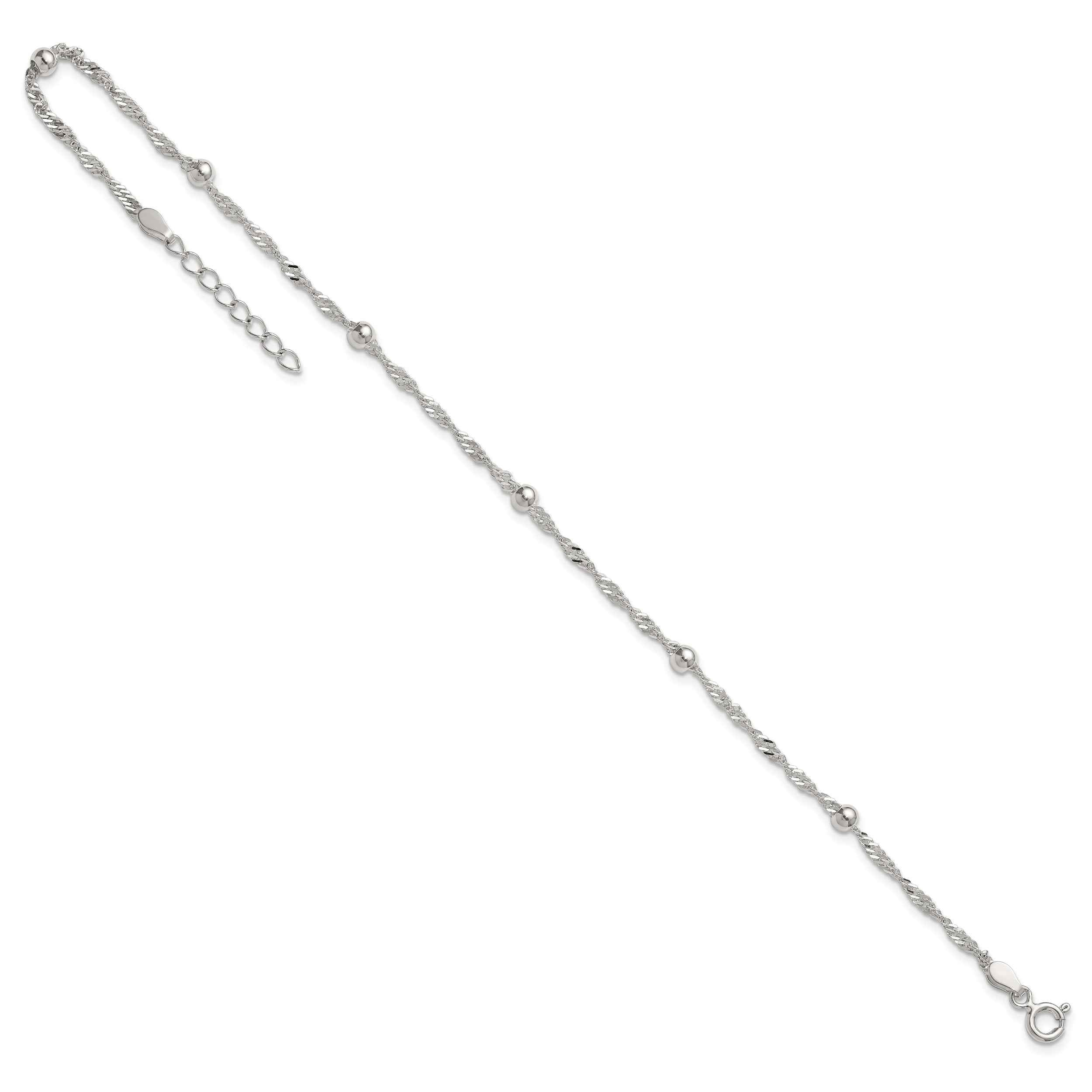 Sterling Silver Beaded 6-Station 9 inch Plus 1 inch Extender - Total 10 inch Anklet