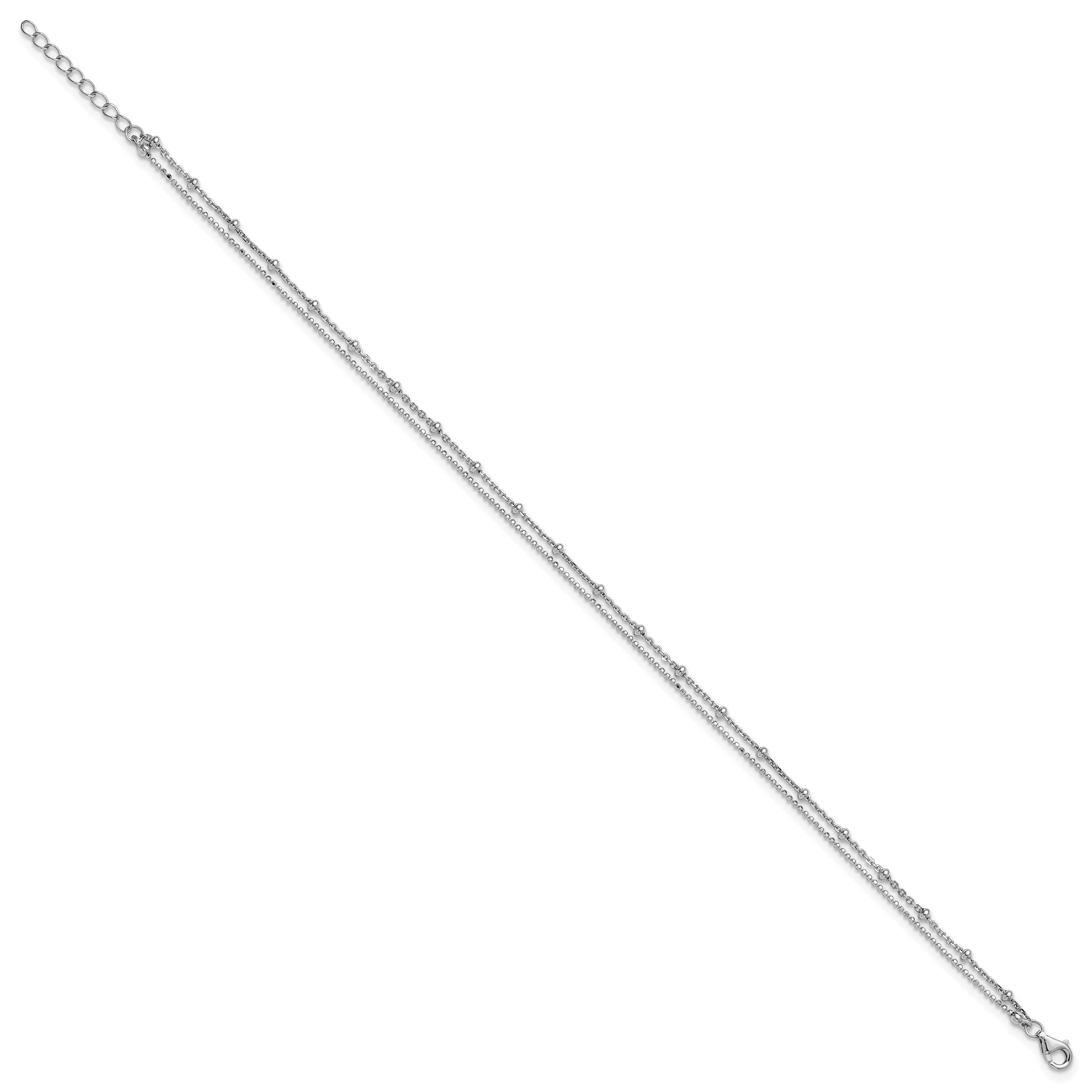 Sterling Silver Rhodium-plated Beaded 2-Strand 9 inch Plus 1 inch Extender - Total 10 inch Anklet