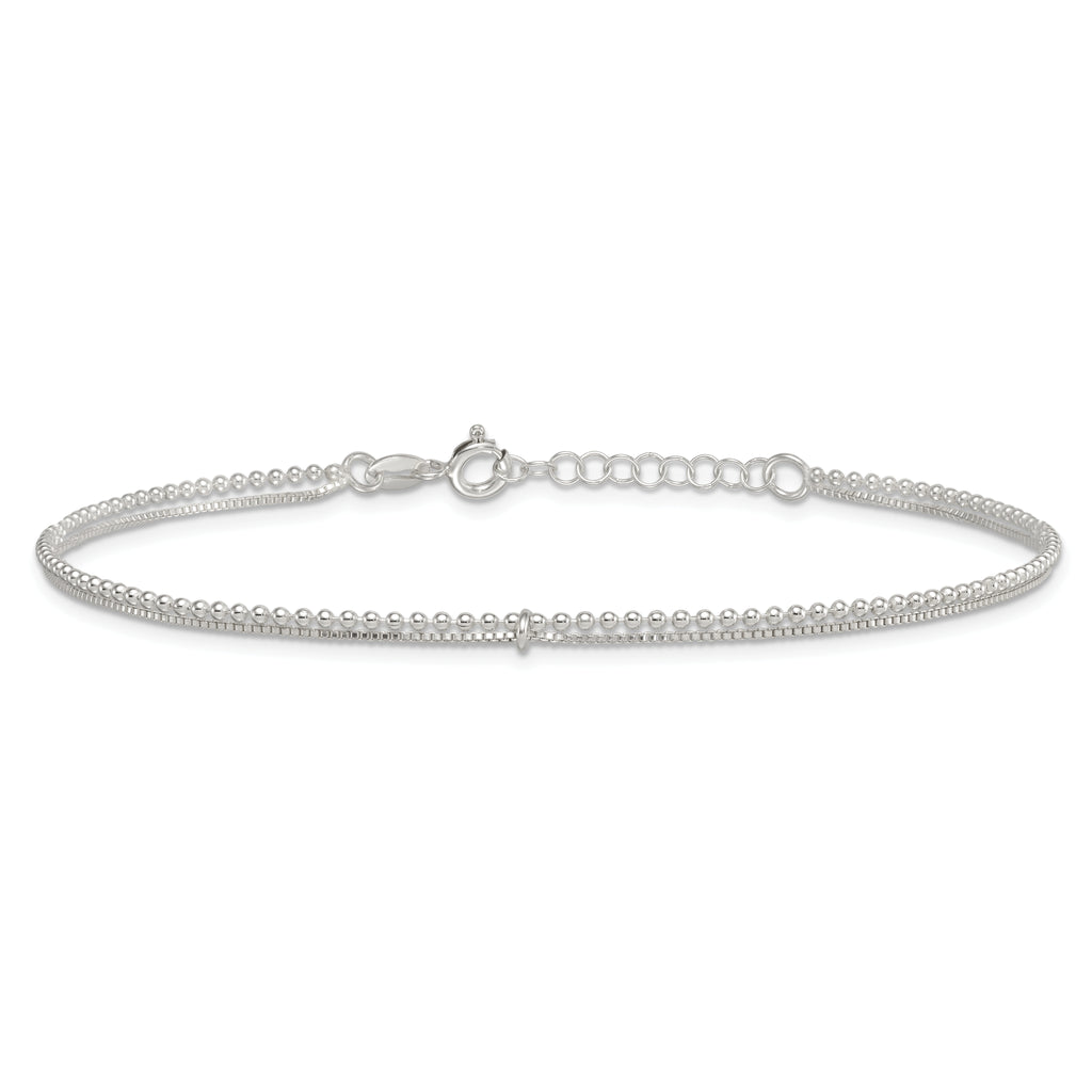 Sterling Silver Beaded 2 Strand 9 inch Plus 1 inch Extender - Total 10 inch Anklet