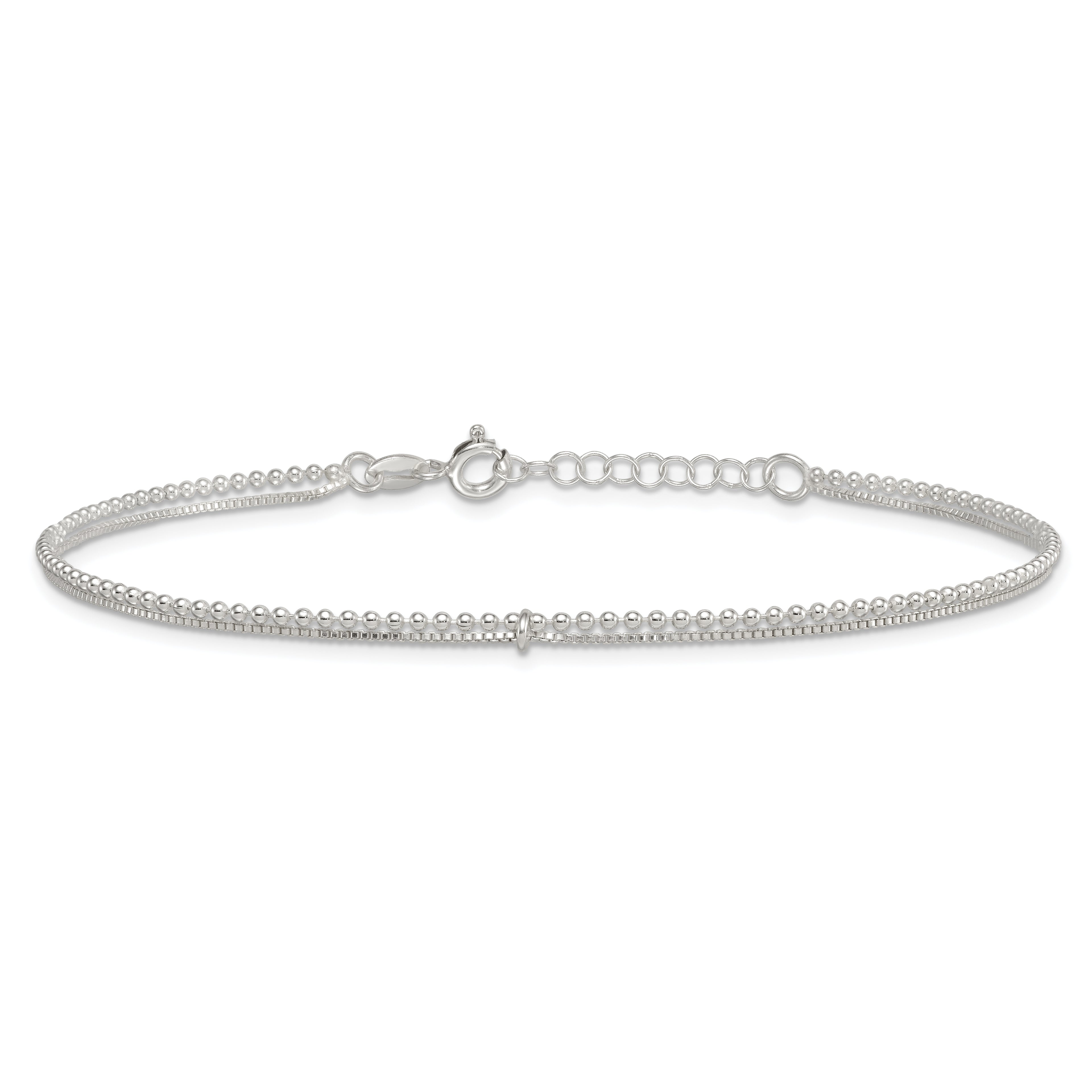 Sterling Silver Beaded 2 Strand 9 inch Plus 1 inch Extender - Total 10 inch Anklet