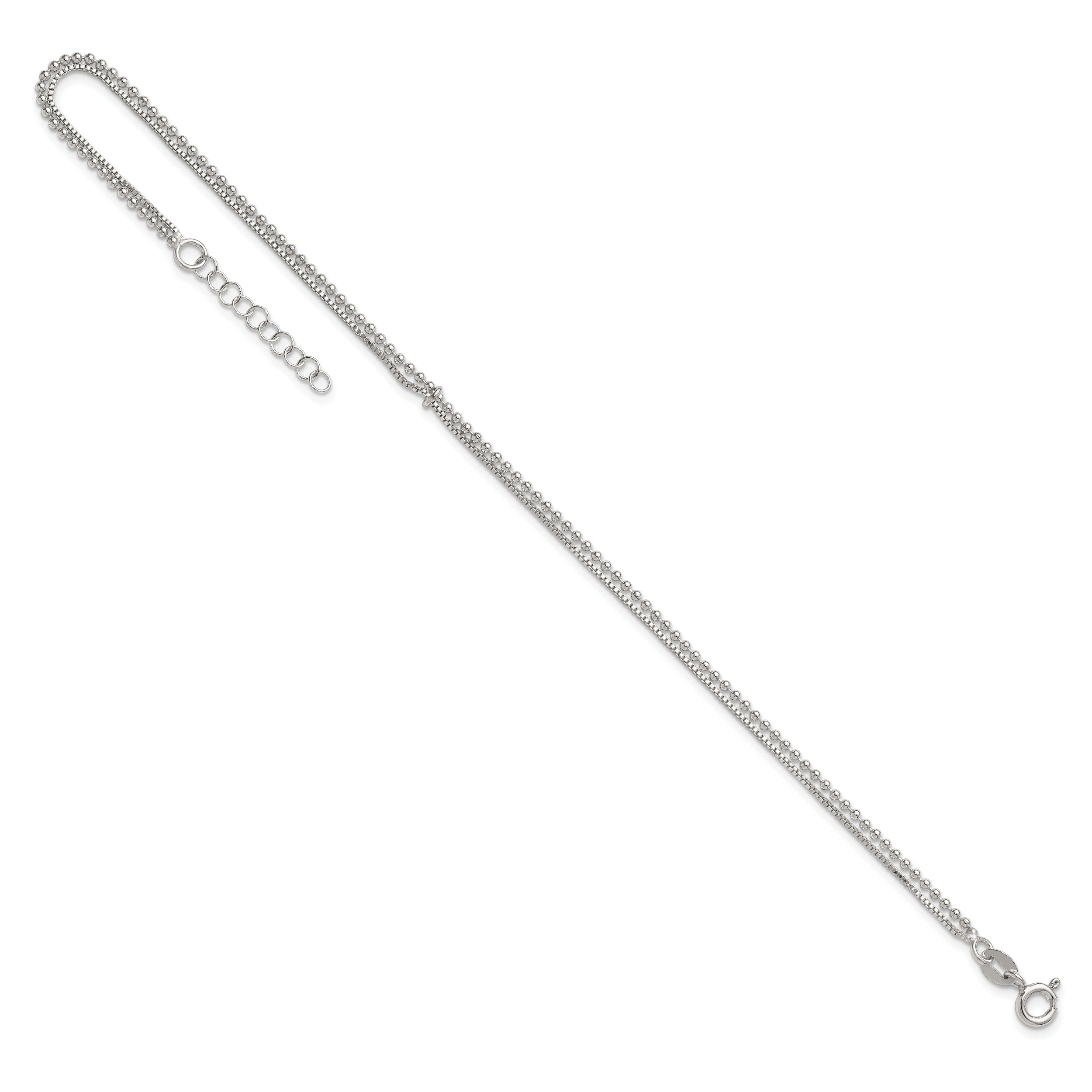 Sterling Silver Beaded 2 Strand 9 inch Plus 1 inch Extender - Total 10 inch Anklet