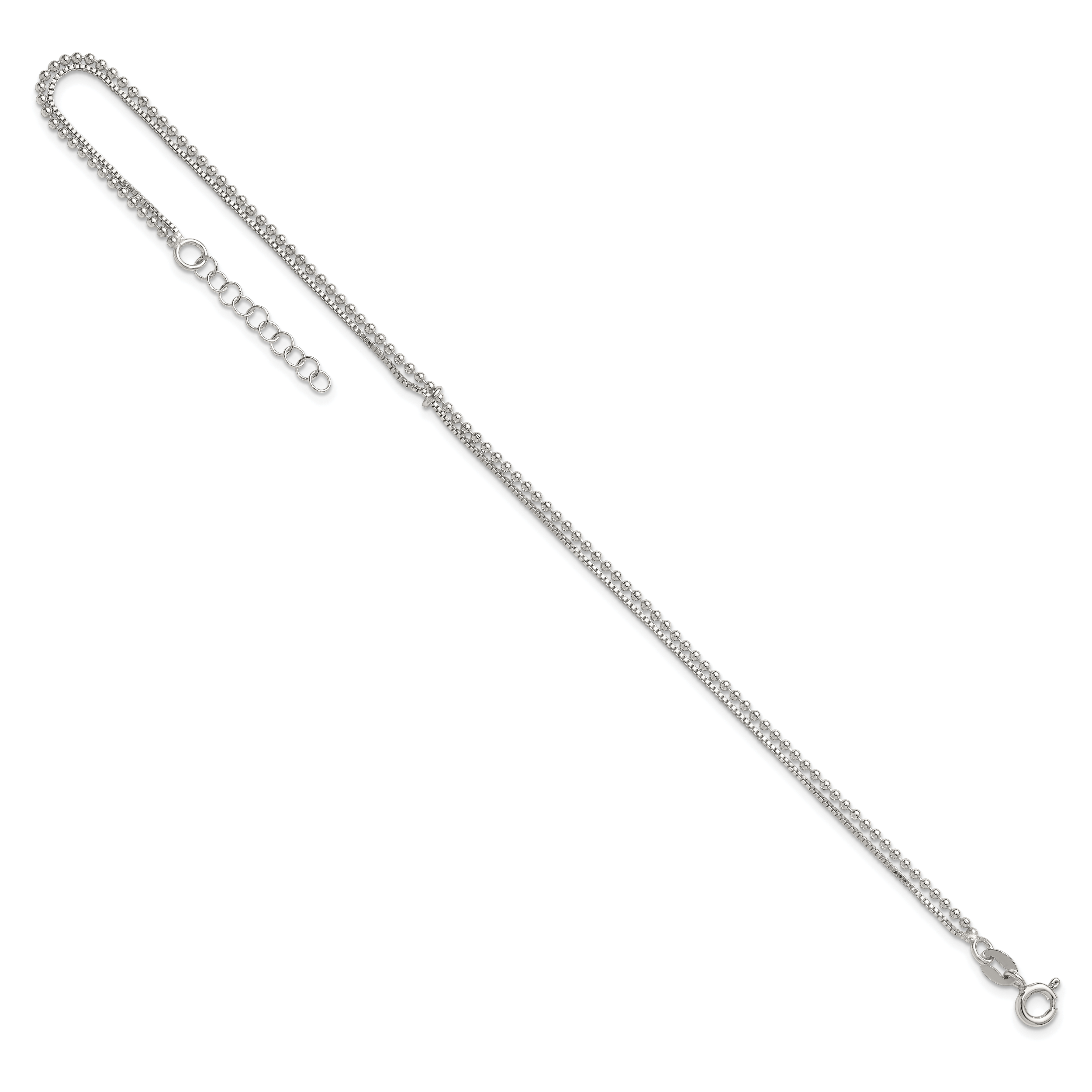 Sterling Silver Beaded 2 Strand 9 inch Plus 1 inch Extender - Total 10 inch Anklet
